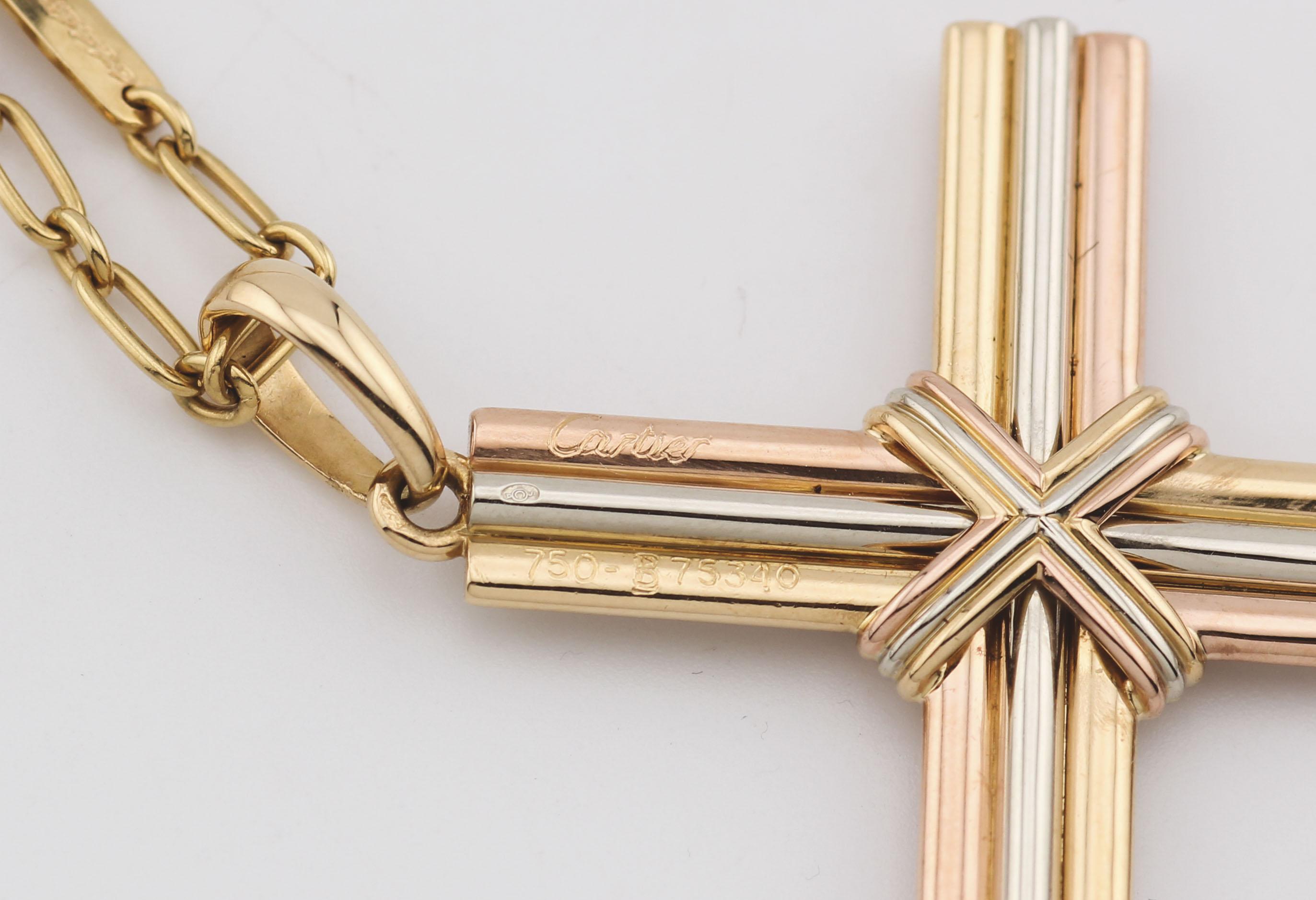 Cartier Trinity 18K Yellow White Pink Gold Cross Pendant Long Necklace For Sale 2