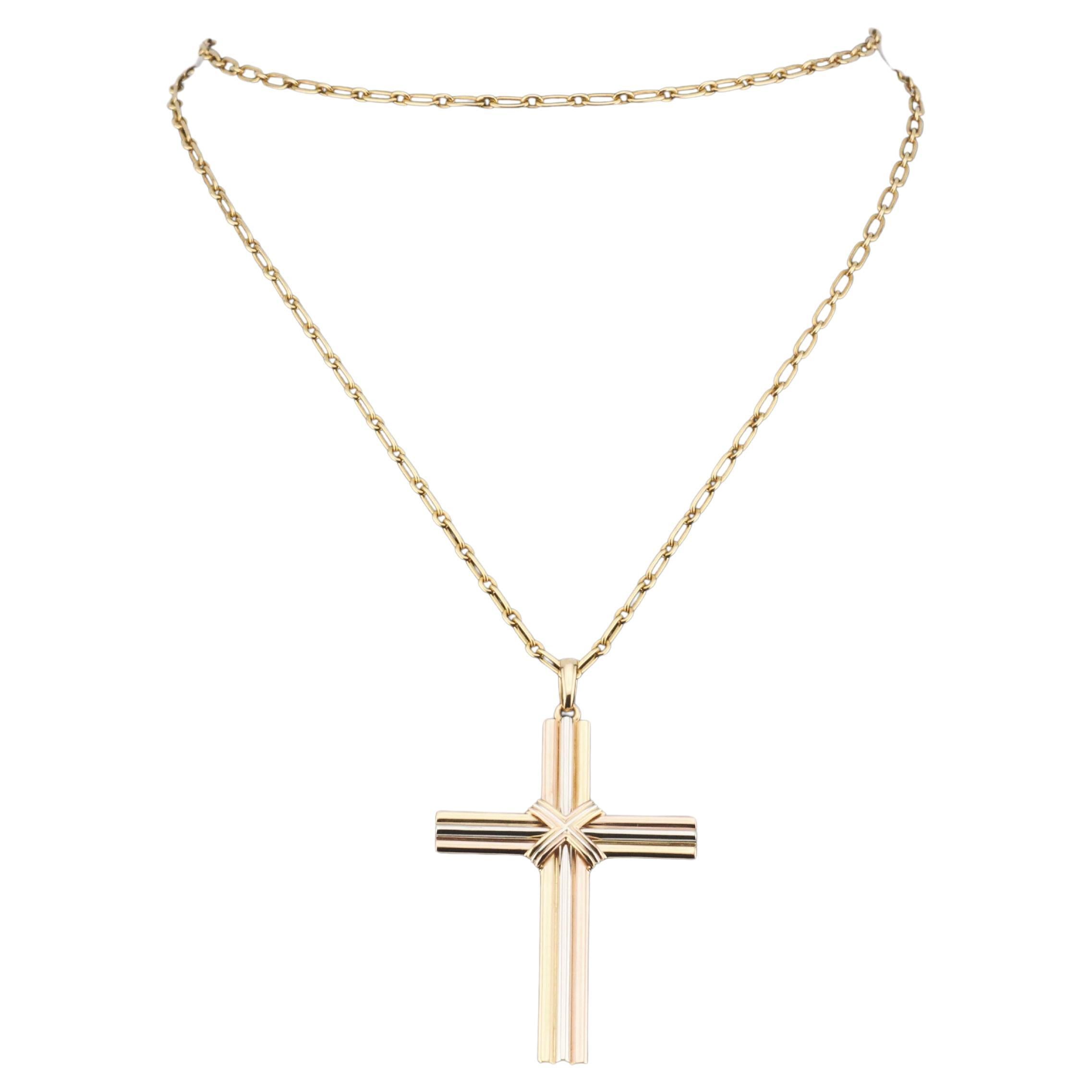 Cartier Trinity 18K Yellow White Pink Gold Cross Pendant Long Necklace