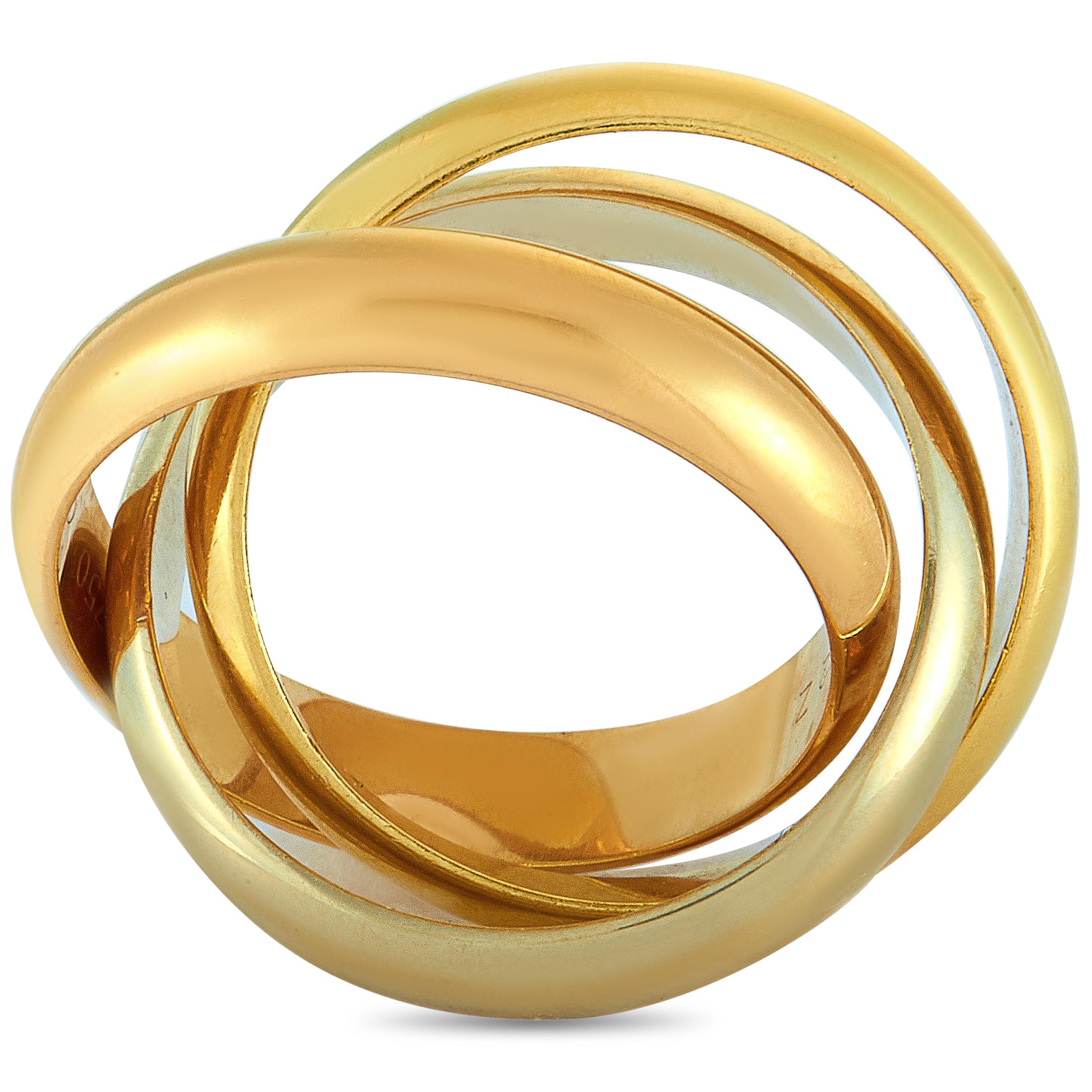 The Cartier “Trinity” ring is made out of 18K yellow, white, and rose gold and weighs 15 grams, boasting band thickness of 10 mm.

This item is offered in estate condition and includes the manufacturer’s box.
Ring Size: 6.5