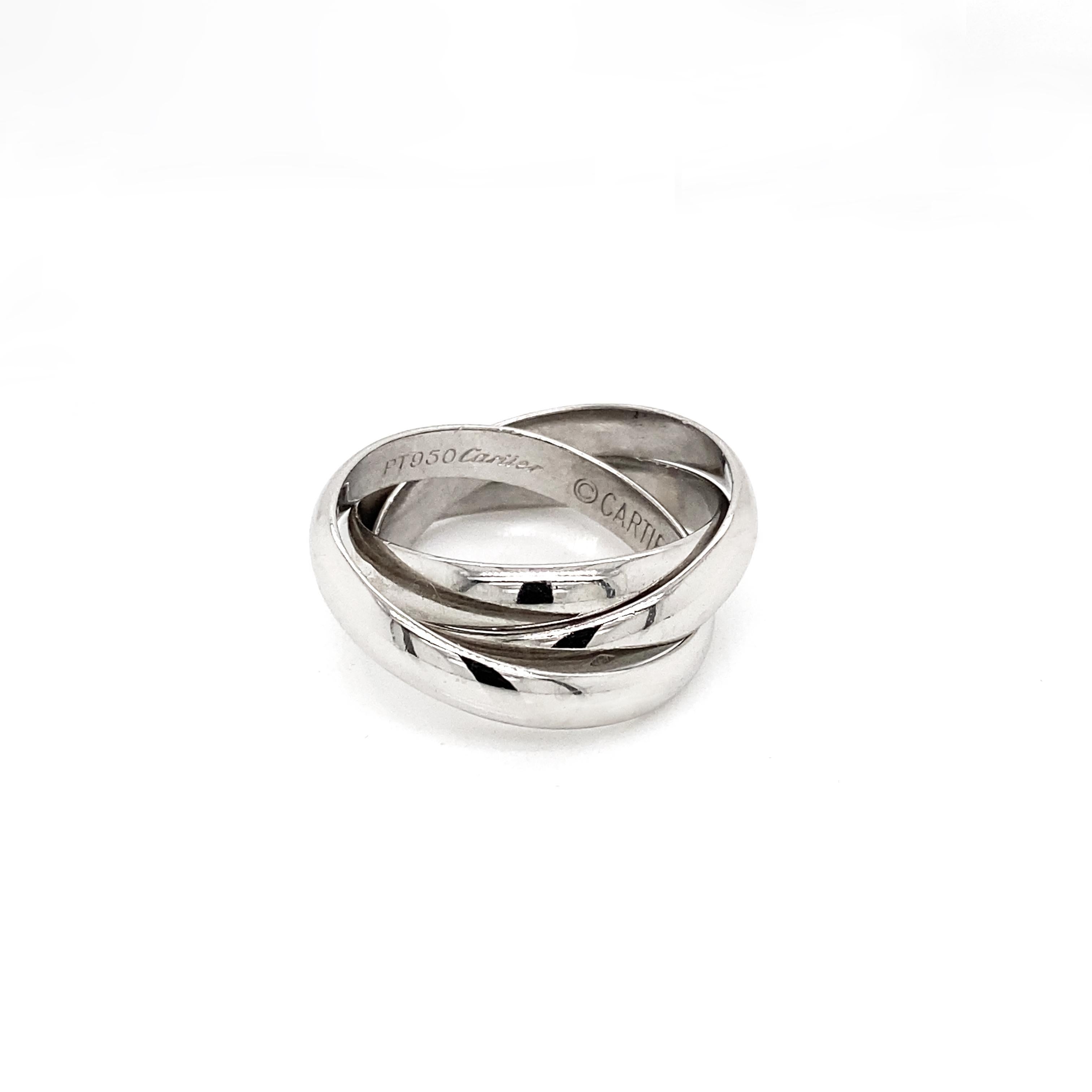 Elevate your everyday style with this sophisticated ring from the iconic Trinity de Cartier Collection, expertly crafted from luxurious polished platinum.

The wonderful ring is composed of 3 elegant dome-shaped bands of approximately 4mm each,