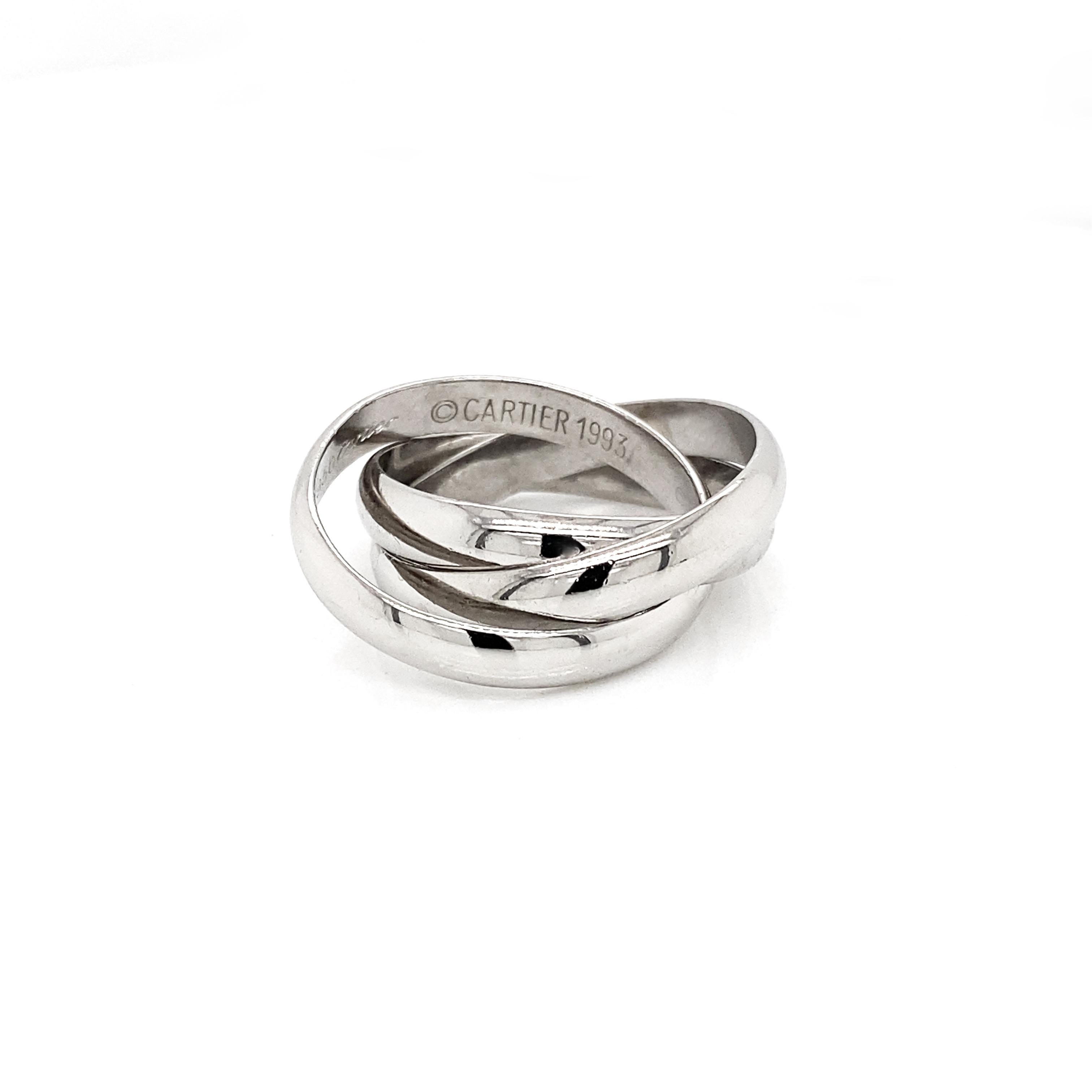 Modern Cartier Trinity 3 Band Rolling Platinum Wedding Band Ring For Sale