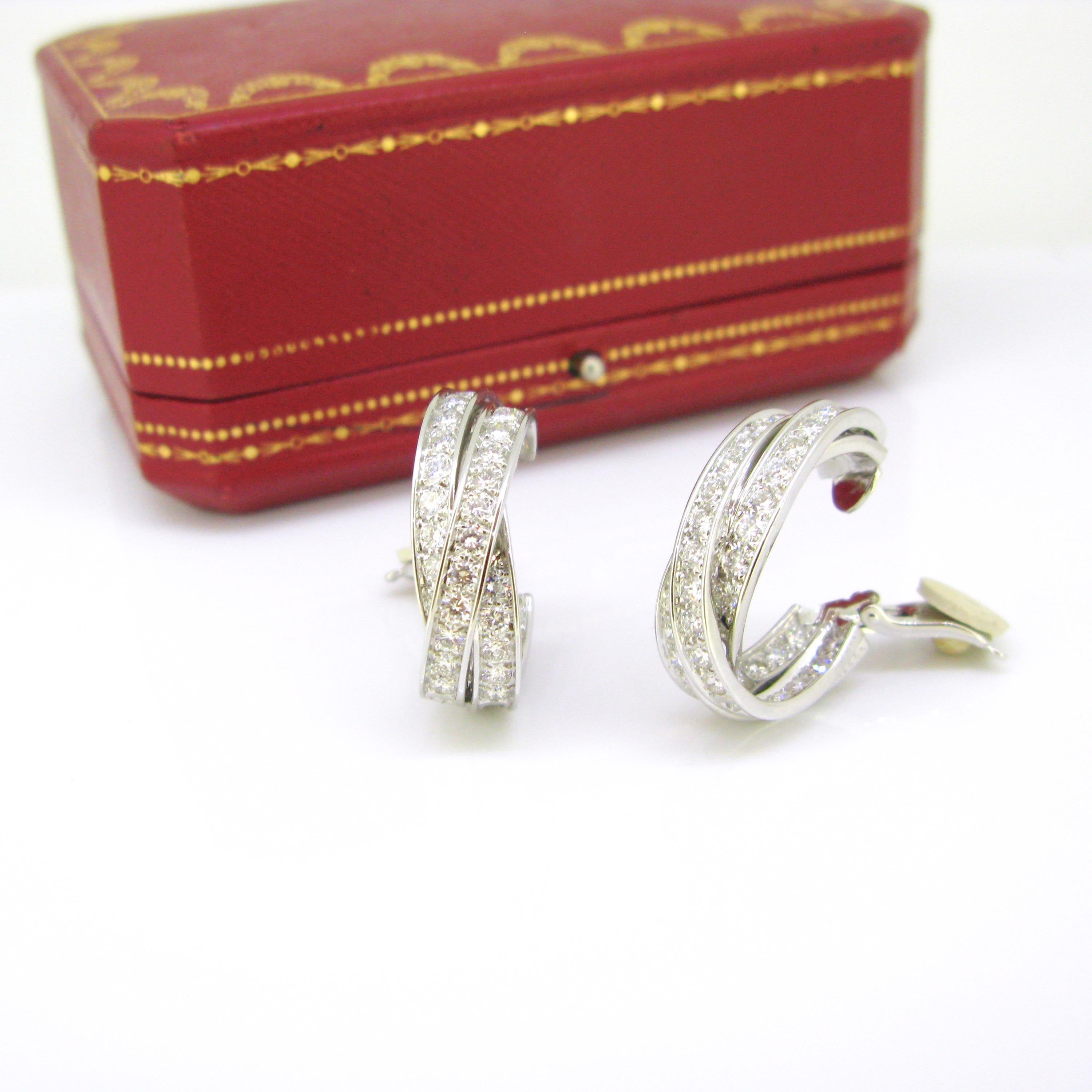 Round Cut Cartier Trinity 6 Carat Diamonds White Gold Hoop Earrings