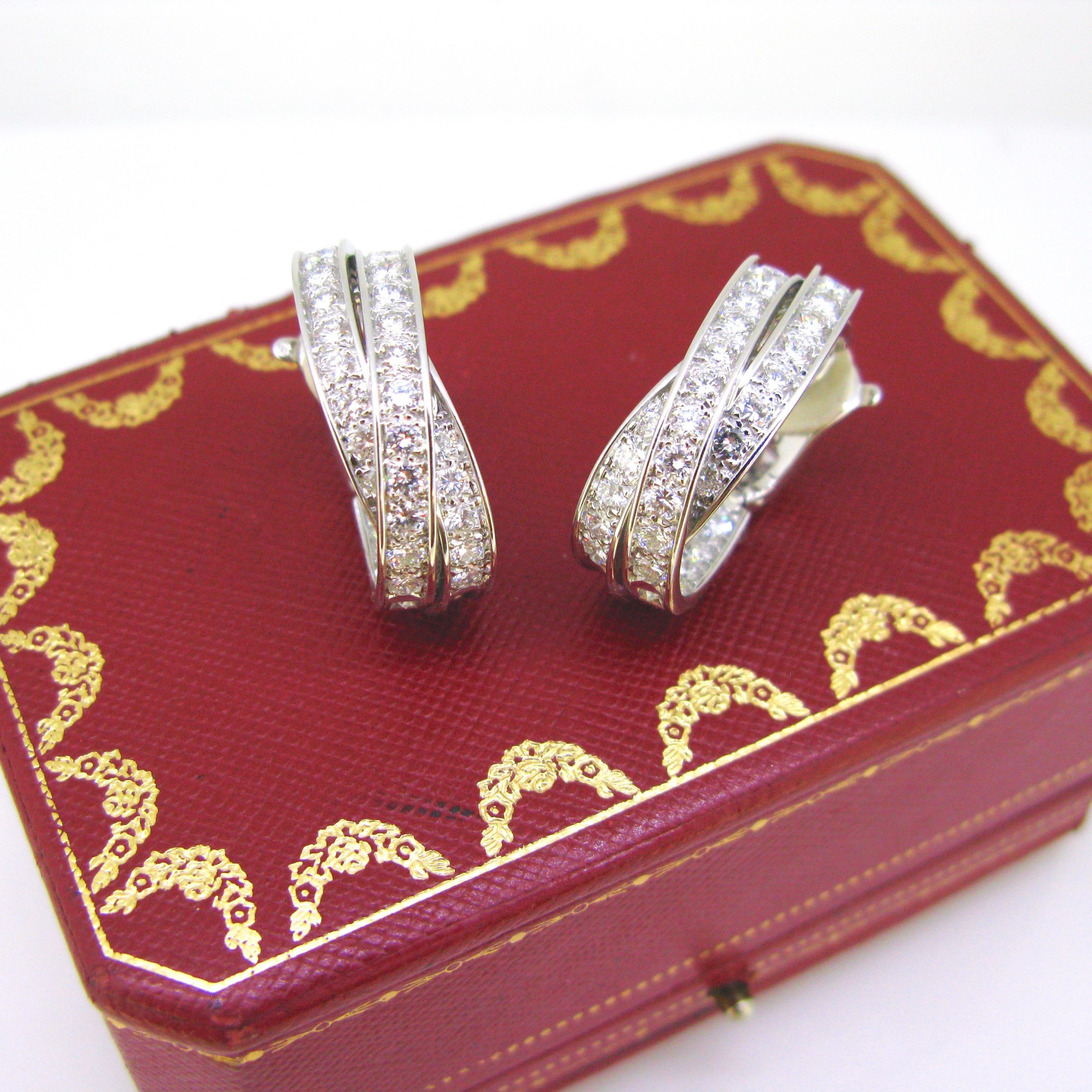 Round Cut Cartier Trinity 6 Carat Diamonds White Gold Hoop Earrings