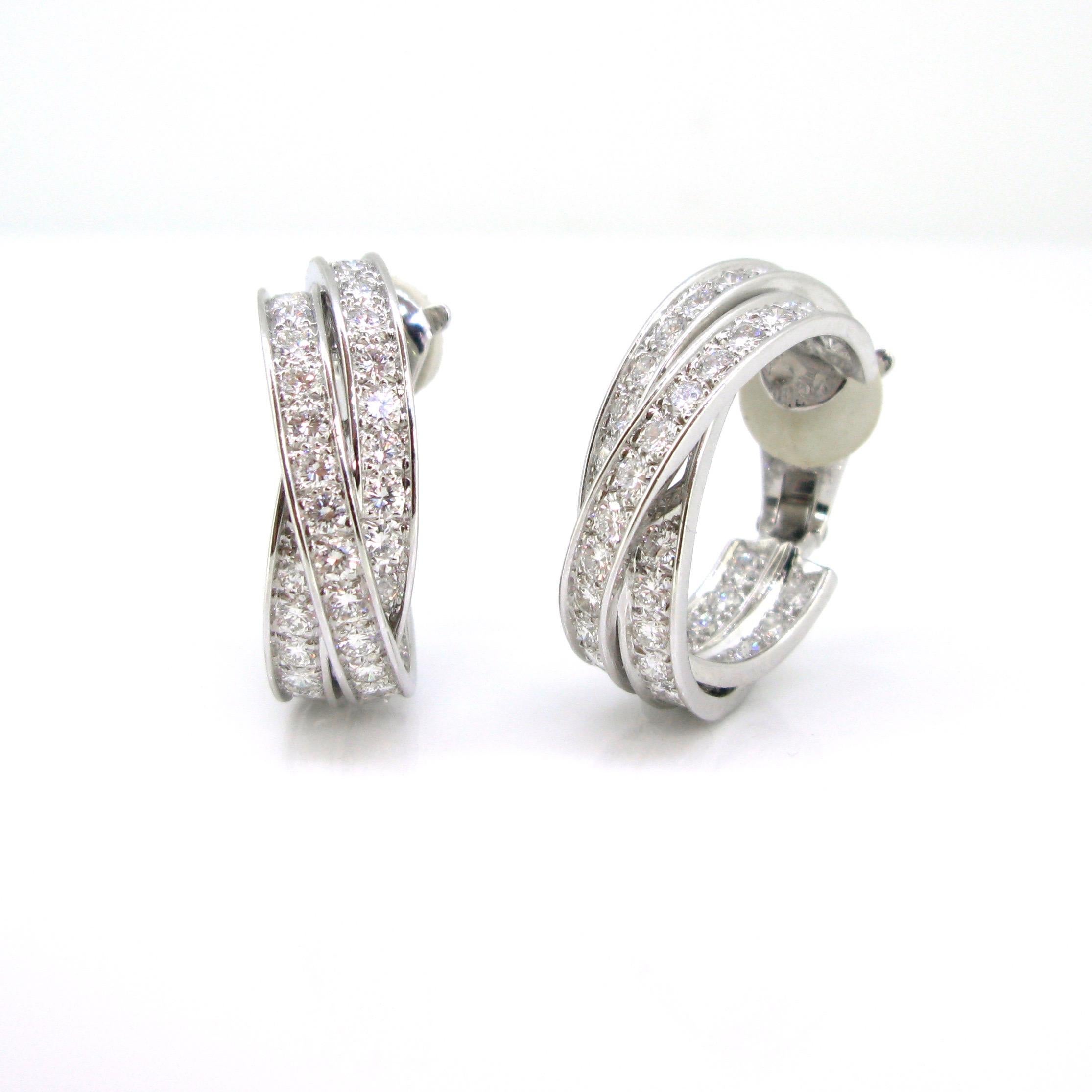 Women's or Men's Cartier Trinity 6 Carat Diamonds White Gold Hoop Earrings