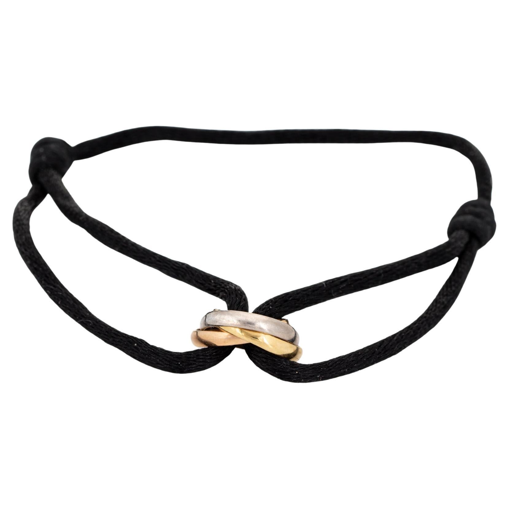 Cartier Trinity Bracelet Black Silk Cord 18k Gold Estate Jewelry Adjustable  For Sale at 1stDibs