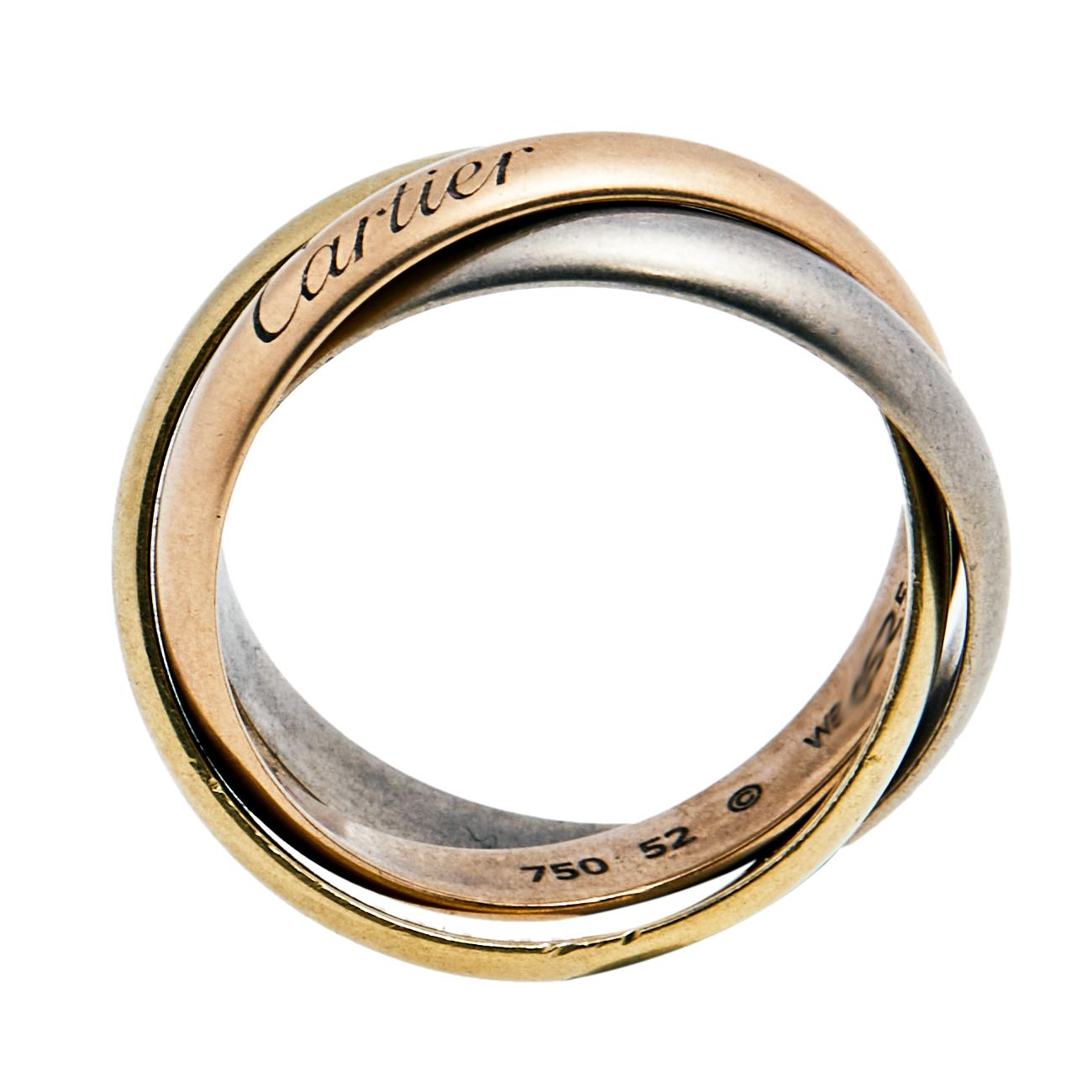Contemporary Cartier Trinity Classic 18K Three Tone Gold Rolling Ring 52