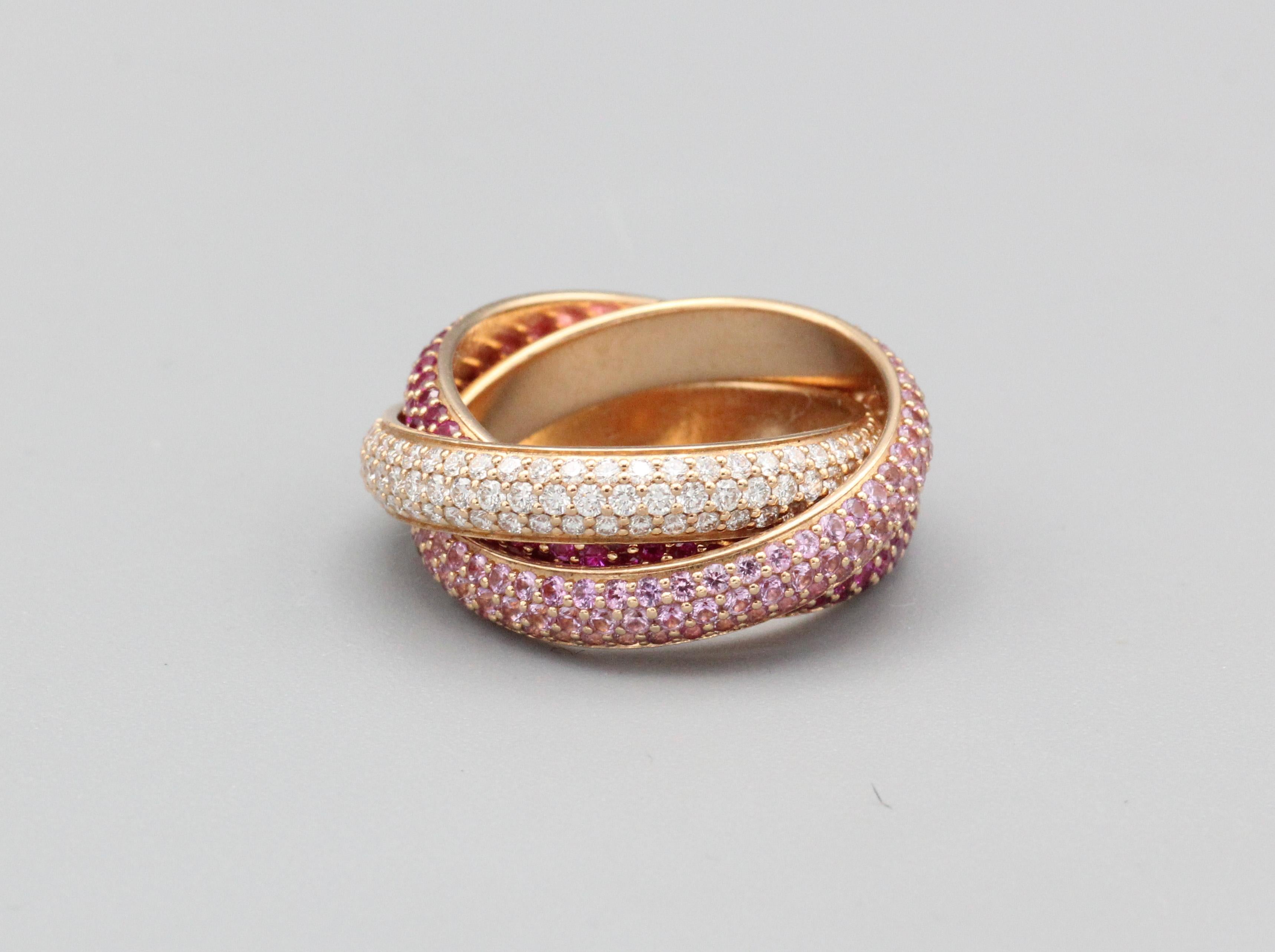 Cartier Trinity Classic, bague à anneau en or tricolore avec diamants, taille 5,5 Pour femmes en vente