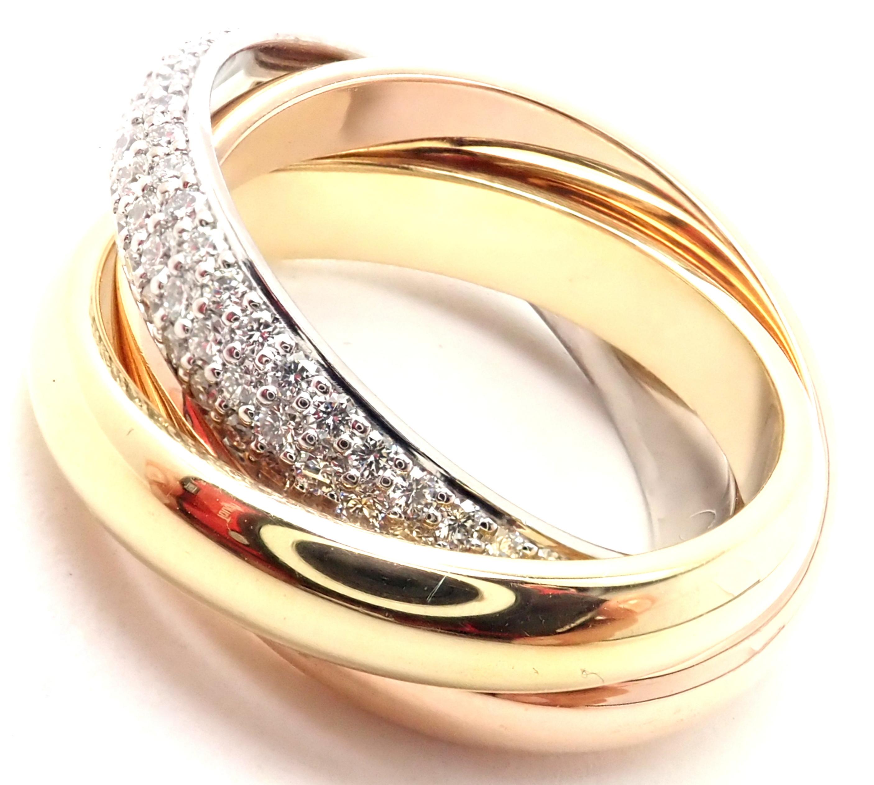 18k Tri-Color Gold Pave Diamond Trinity Band Ring by Cartier.
With 144 Round Brilliant cut diamonds VVS1 clarity, E-F color total weight approx. .99ct
This ring comes with Cartier box and Cartier service paper.
Details:
Size: European 53 US 6
