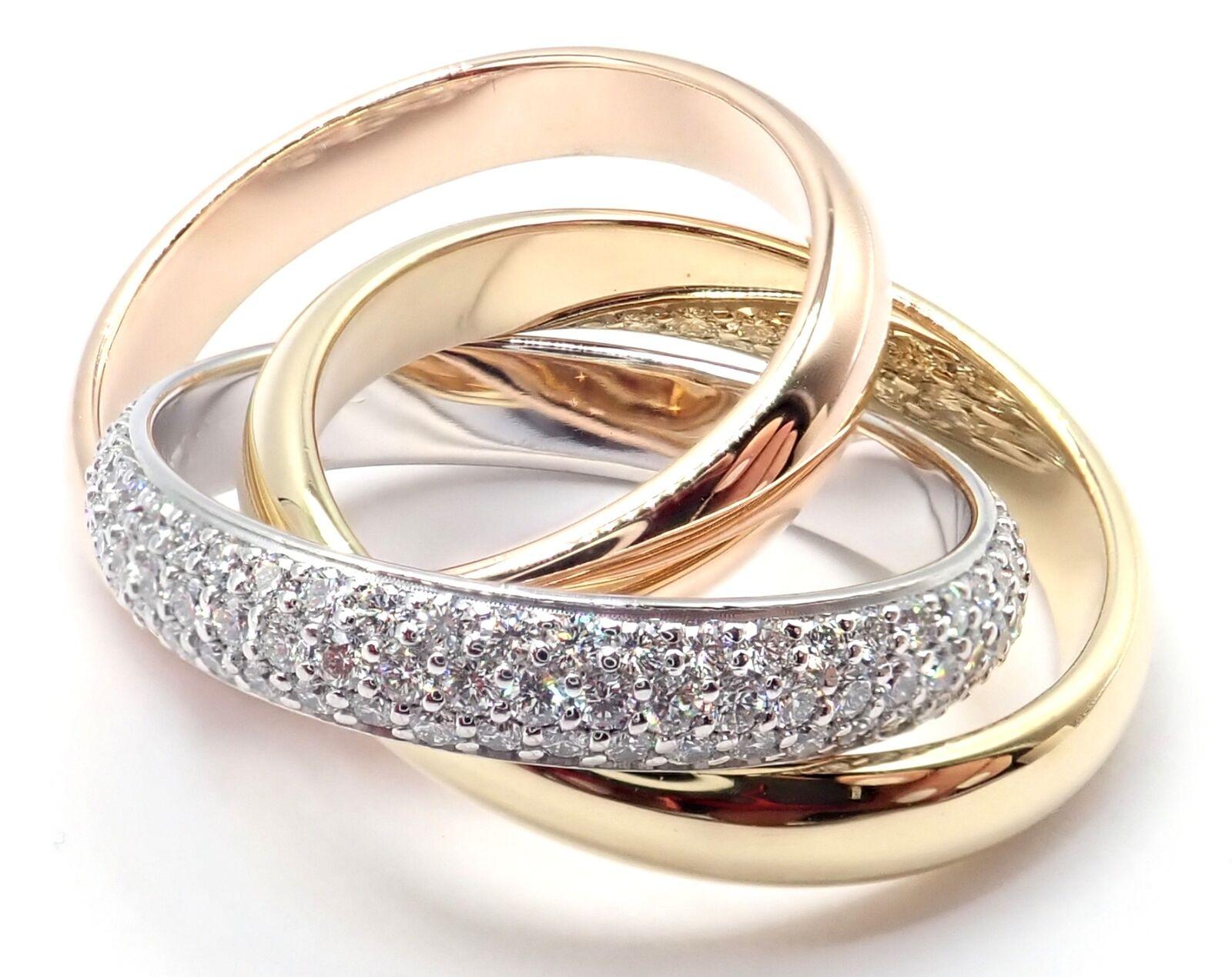Brilliant Cut Cartier Trinity Classic Diamond White Yellow Rose Gold Band Ring For Sale