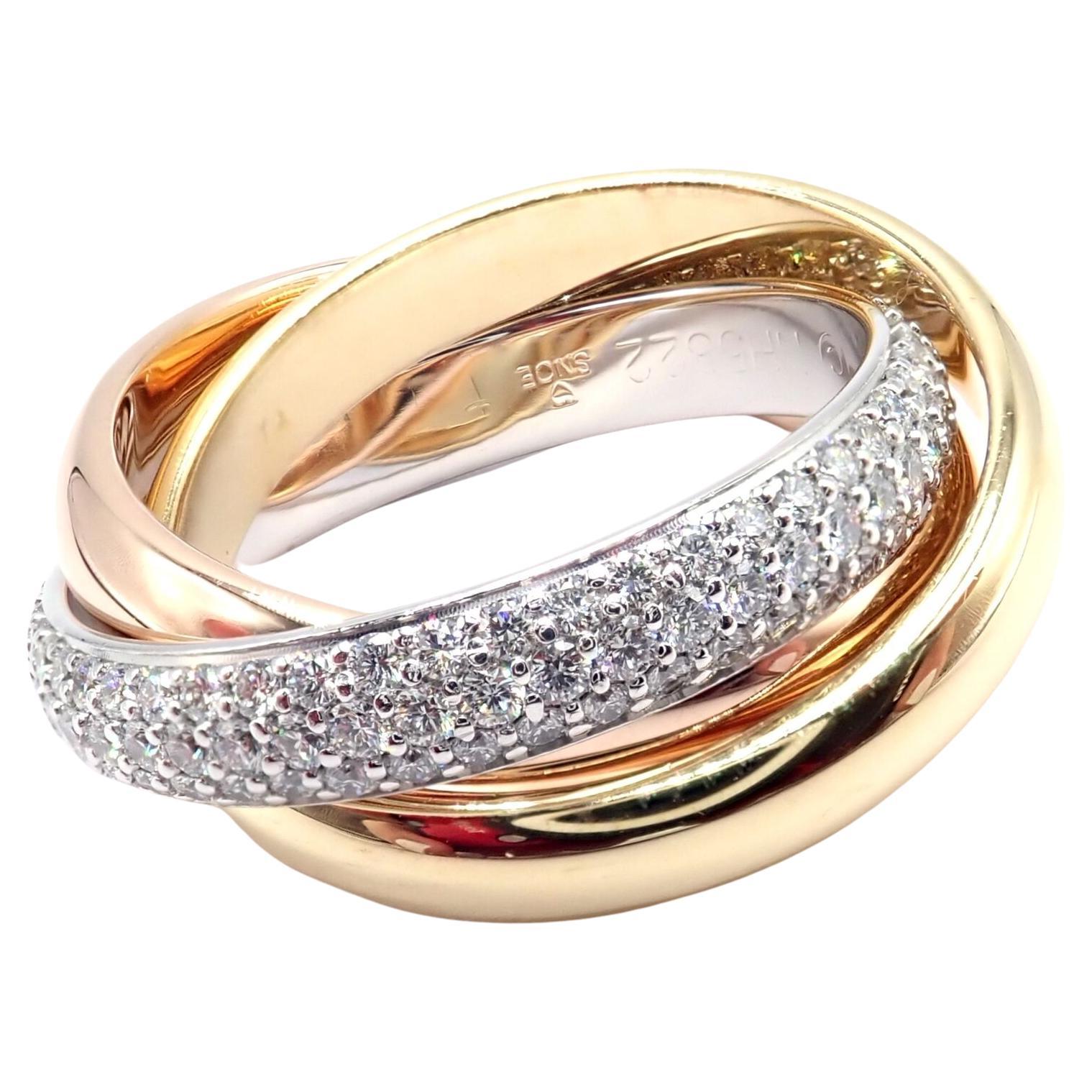 Cartier Trinity Classic Diamond White Yellow Rose Gold Band Ring For Sale