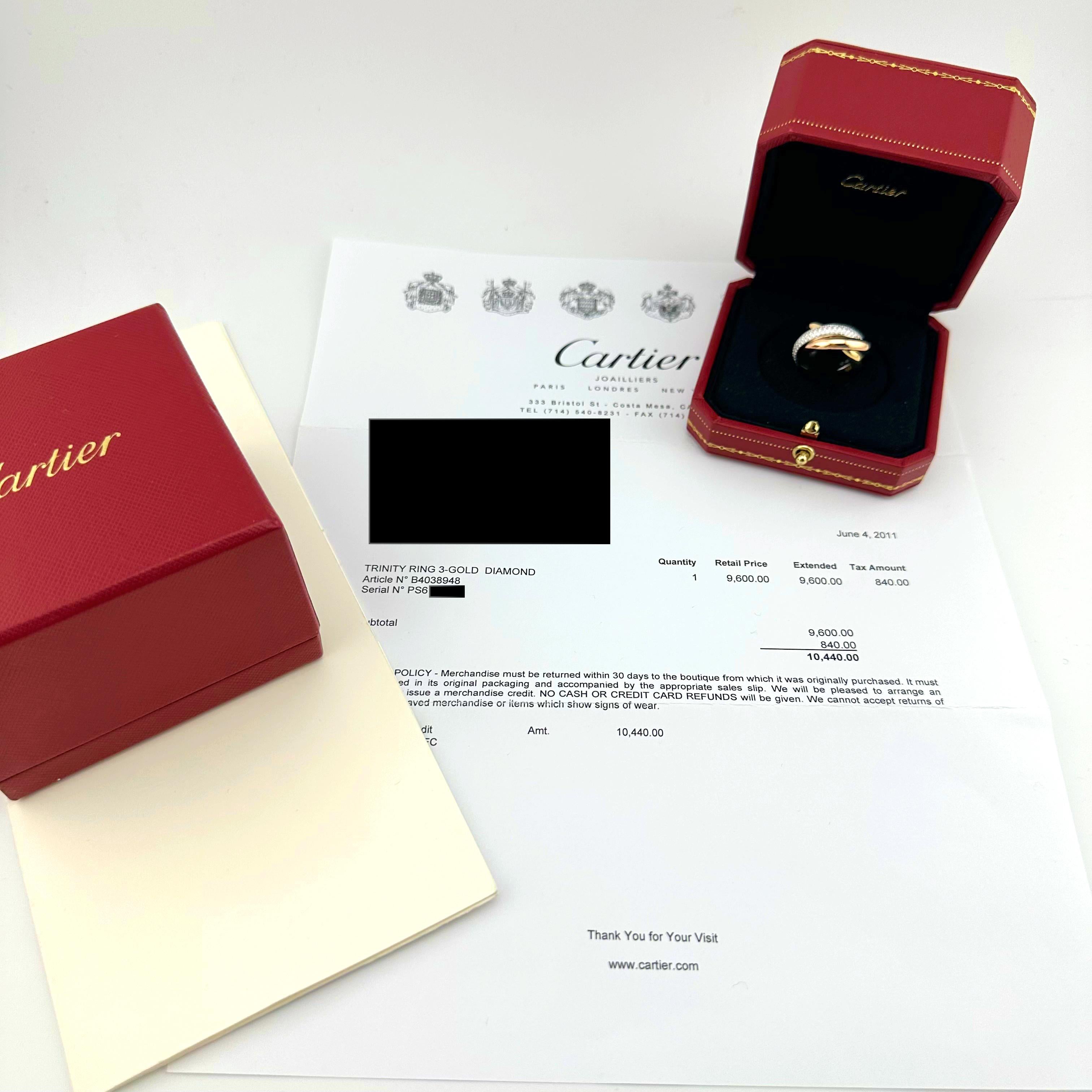Round Cut Cartier Trinity Classic Paved Diamond Band Ring 18k White Rose Yellow Gold For Sale
