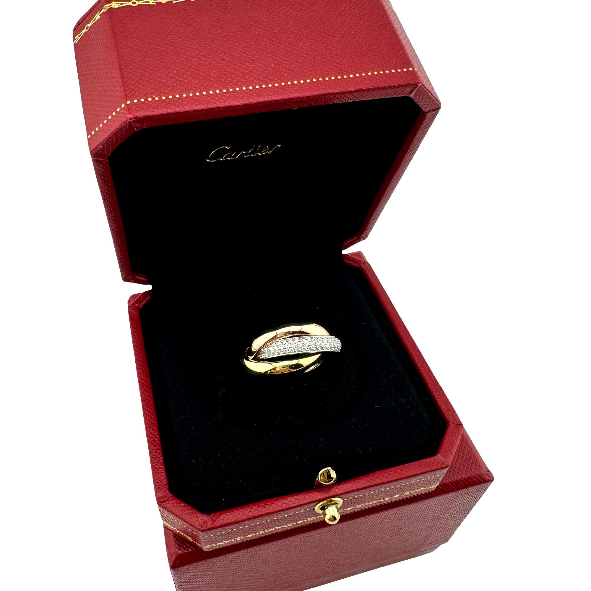Women's or Men's Cartier Trinity Classic Paved Diamond Band Ring 18k White Rose Yellow Gold For Sale