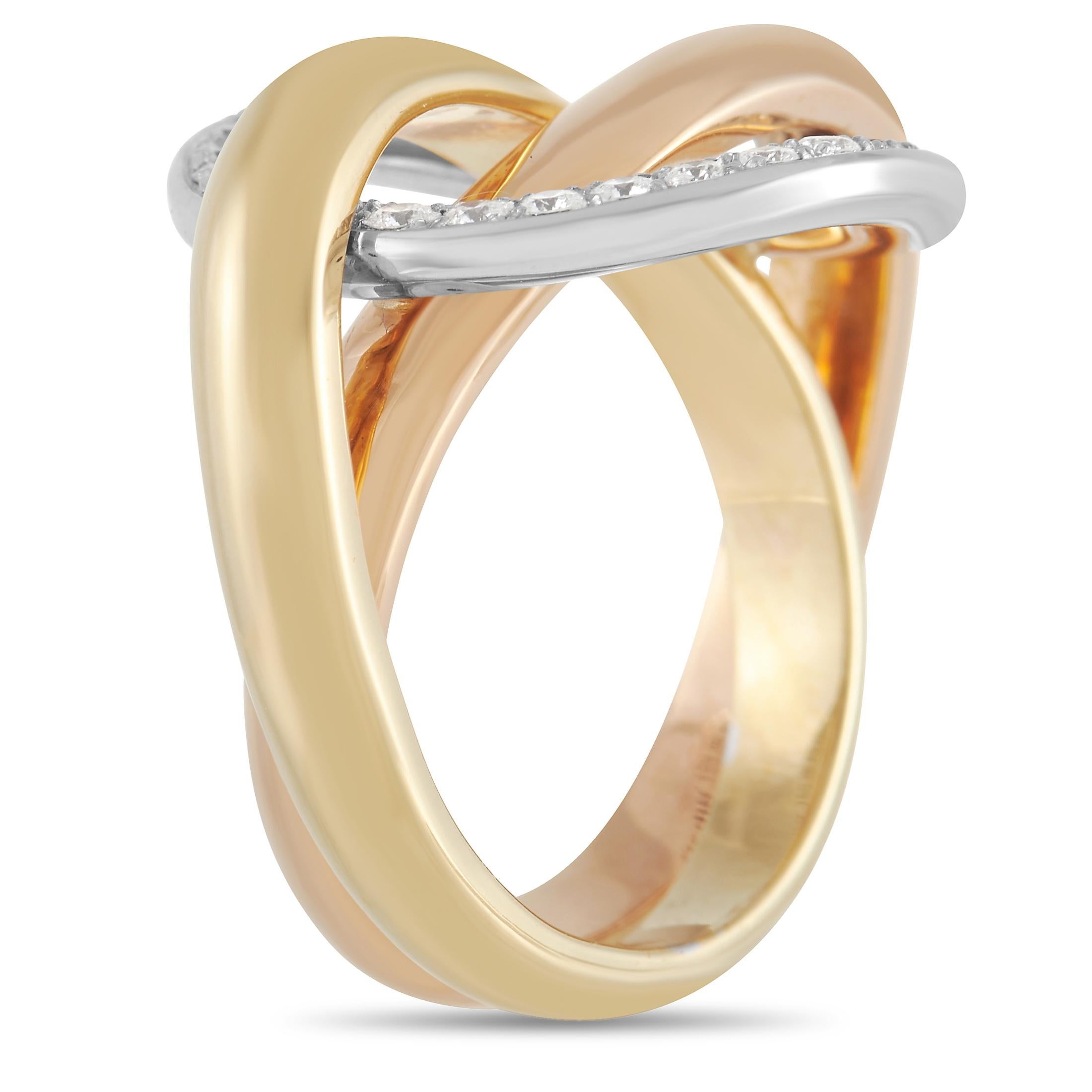 This elegant Crash ring from the Cartier Trinity collection is a celebration of form, color, and design. An opulent combination 18K Yellow Gold, White Gold, and Rose Gold come together in perfect harmony on this piece, which features a trio of