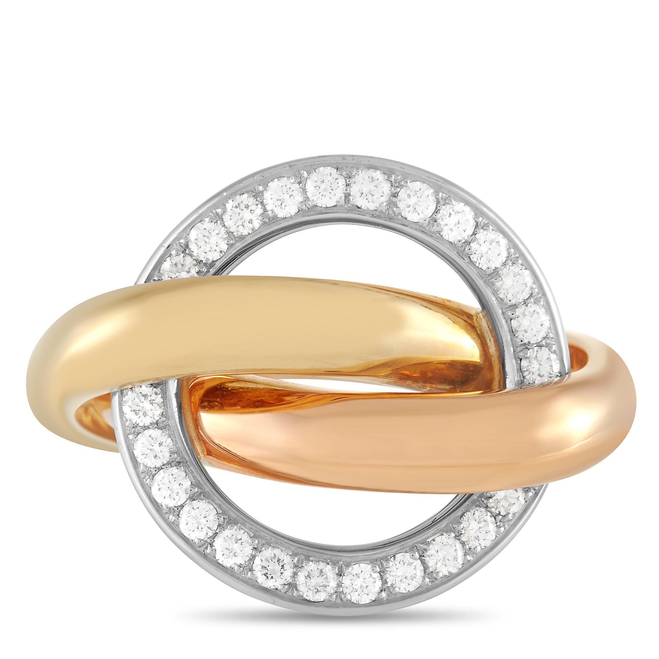 Round Cut Cartier Trinity Crash 18K Yellow, White, and Rose Gold 0.48 Ct Diamond Ring