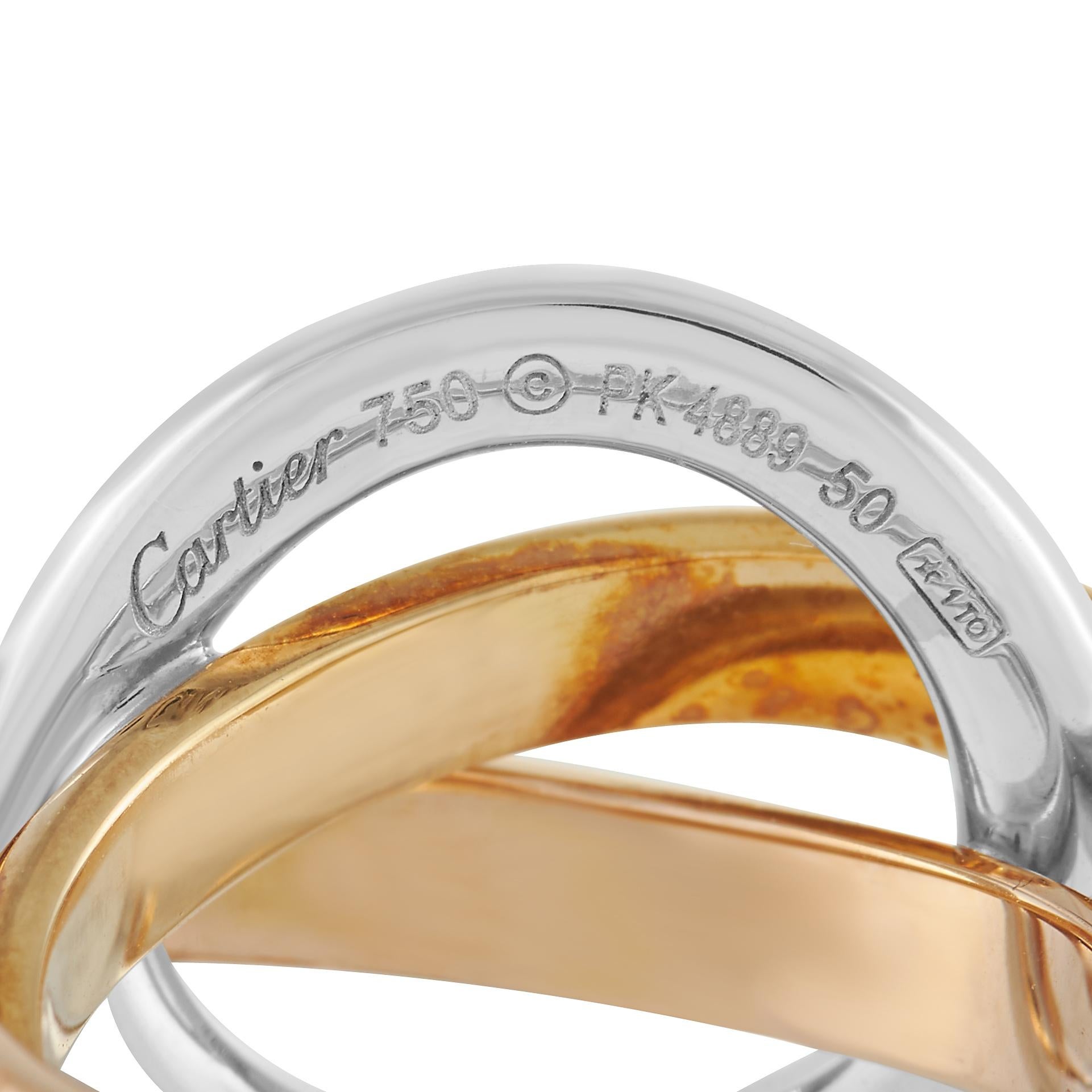 Cartier Trinity Crash 18K Yellow, White, and Rose Gold 0.48 Ct Diamond Ring In Excellent Condition In Southampton, PA