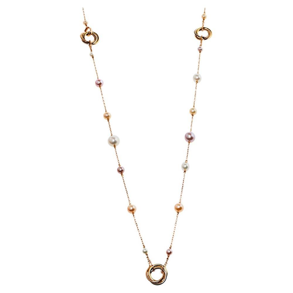 Cartier Trinity Cultured Pearl 18K Three Tone Gold Long Station Necklace