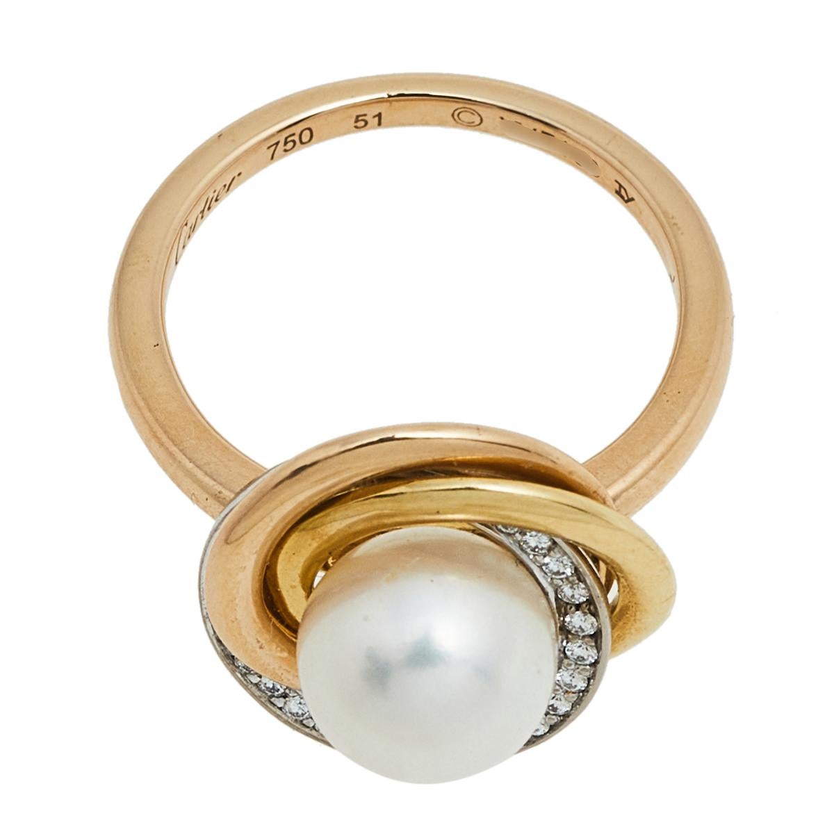 Contemporary Cartier Trinity Cultured Pearl Diamond 18K Three Tone Gold Ring 51
