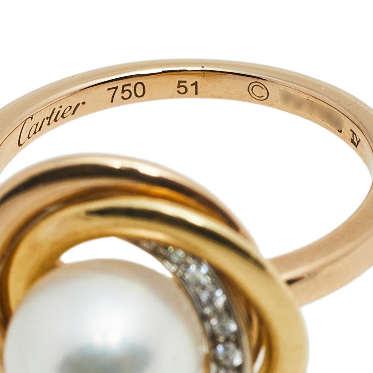 Women's Cartier Trinity Cultured Pearl Diamond 18K Three Tone Gold Ring 51