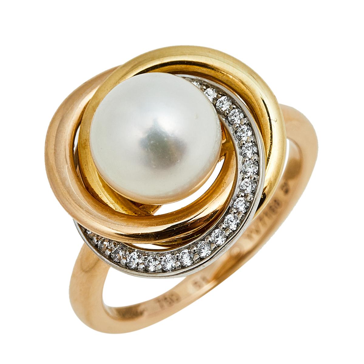 Cartier Trinity Cultured Pearl Diamond 18K Three Tone Gold Ring 51 1