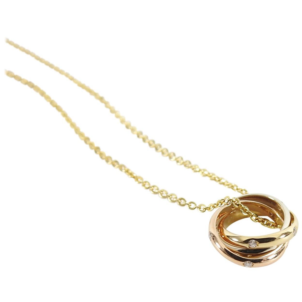 Cartier Trinity de 18k Tri-color Gold 15 Diamond Pendant Necklace For Sale