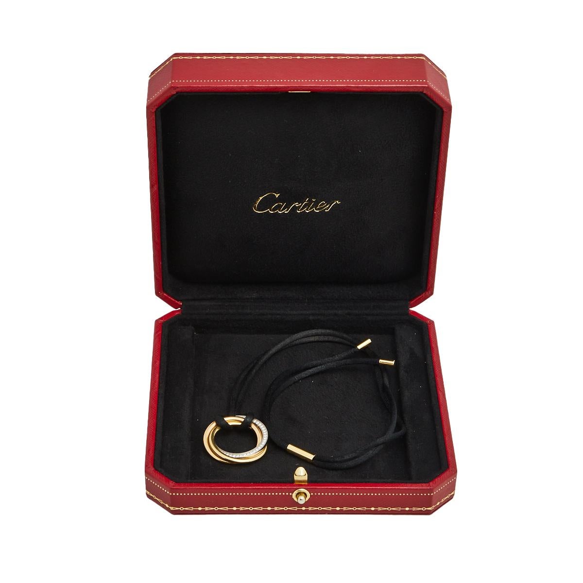 Contemporary Cartier Trinity Diamond 18K Three Tone Gold Black Cord Pendant Necklace