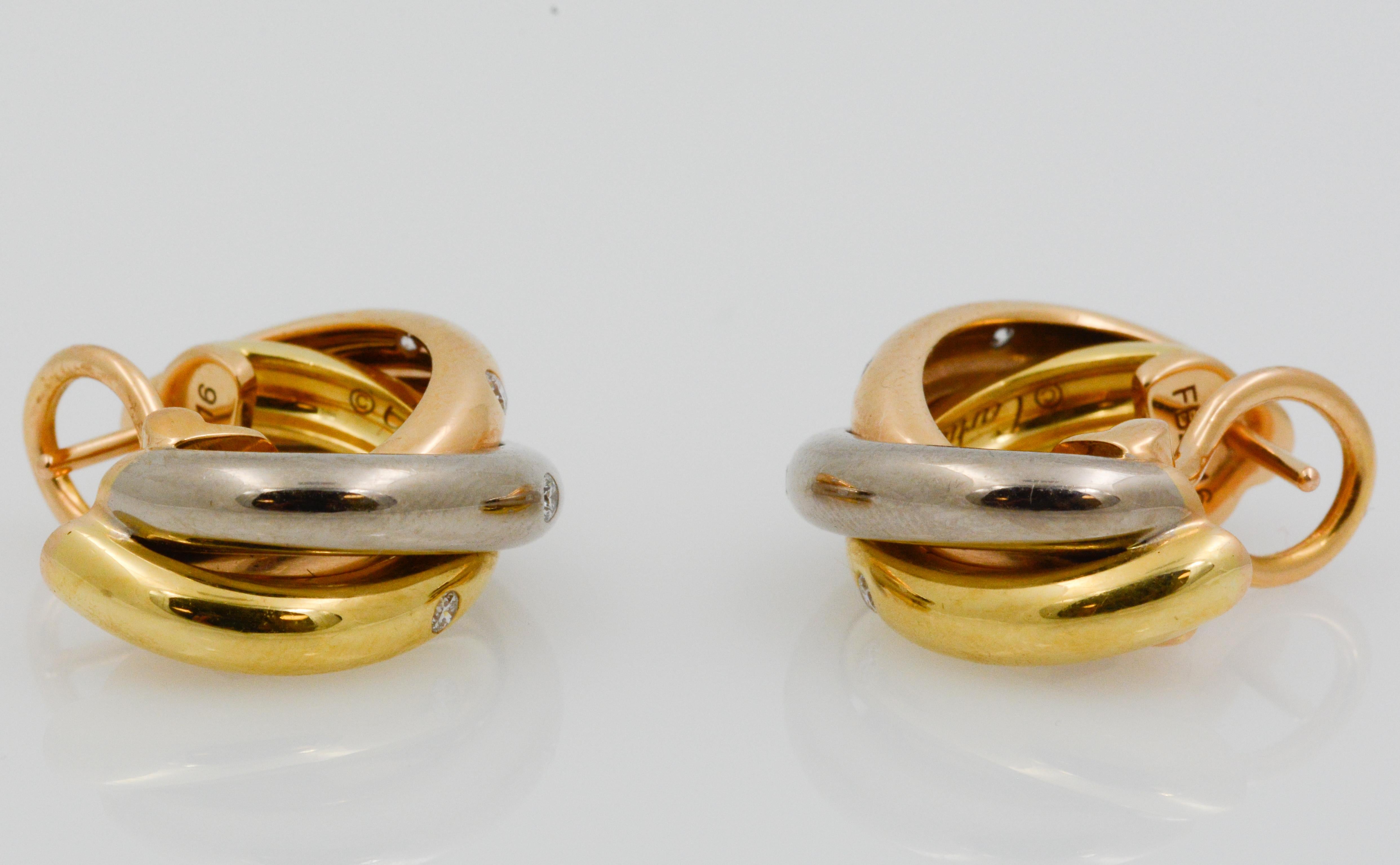 Cartier Trinity Diamond 18 Karat White, Pink, Yellow Gold Earrings In Good Condition In Dallas, TX