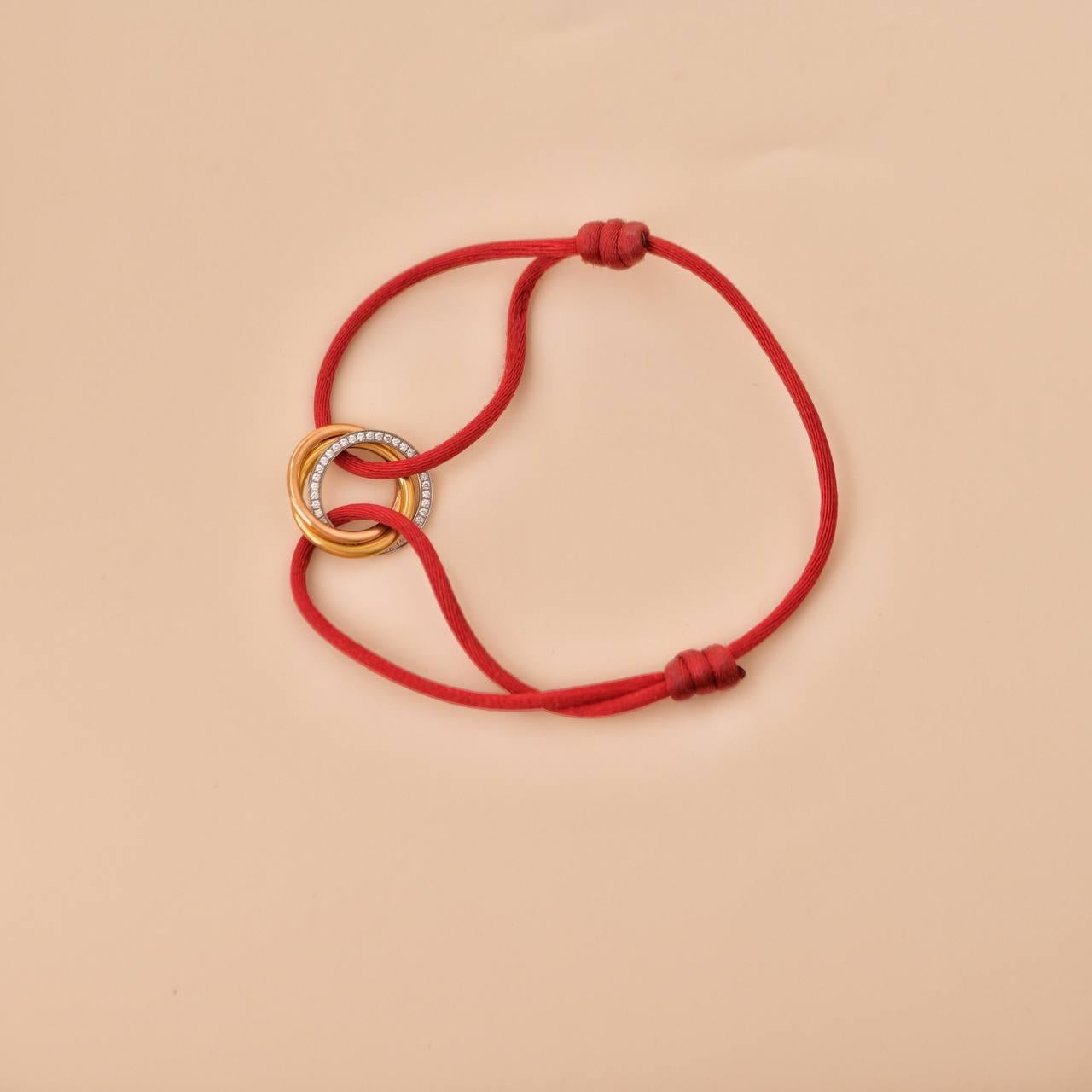 Brilliant Cut Cartier Trinity Diamond 18K Yellow Rose and White Gold Red Cord Bracelet