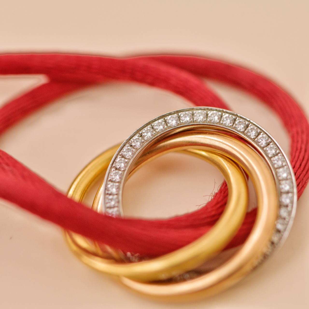 Women's or Men's Cartier Trinity Diamond 18K Yellow Rose and White Gold Red Cord Bracelet