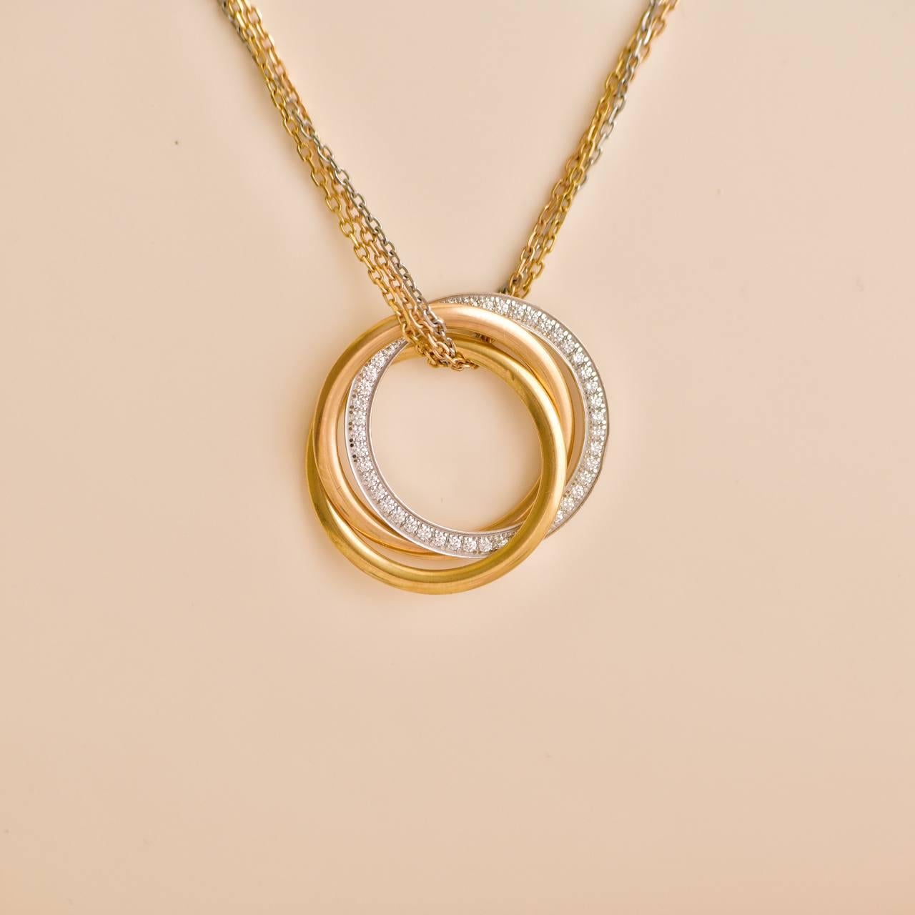 Cartier Trinity Diamond 18K Yellow Rose White Gold Pendant Necklace In Excellent Condition In Banbury, GB