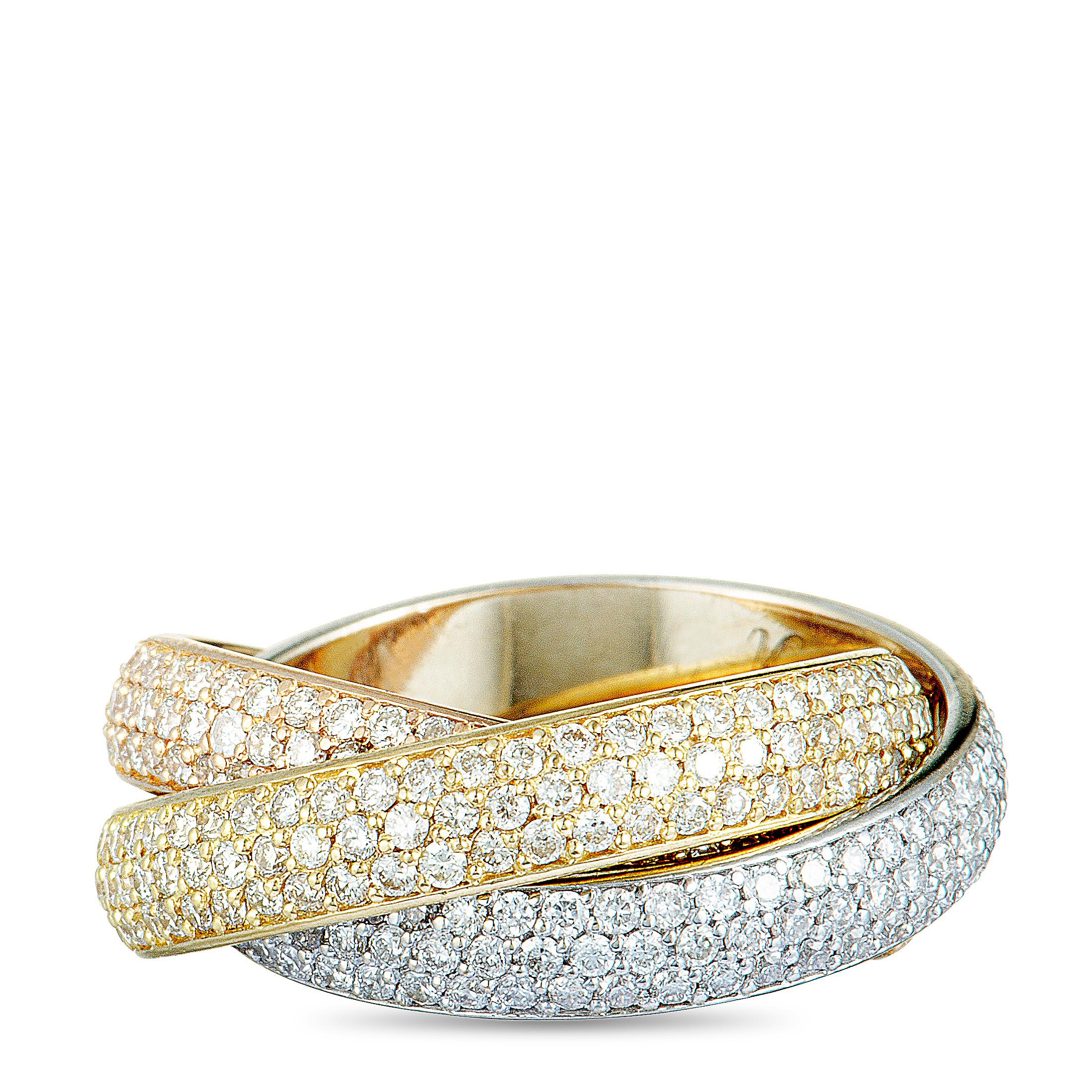 Cartier Trinity Diamond 3 Rolling White, Yellow, and Rose Gold Band Ring 2