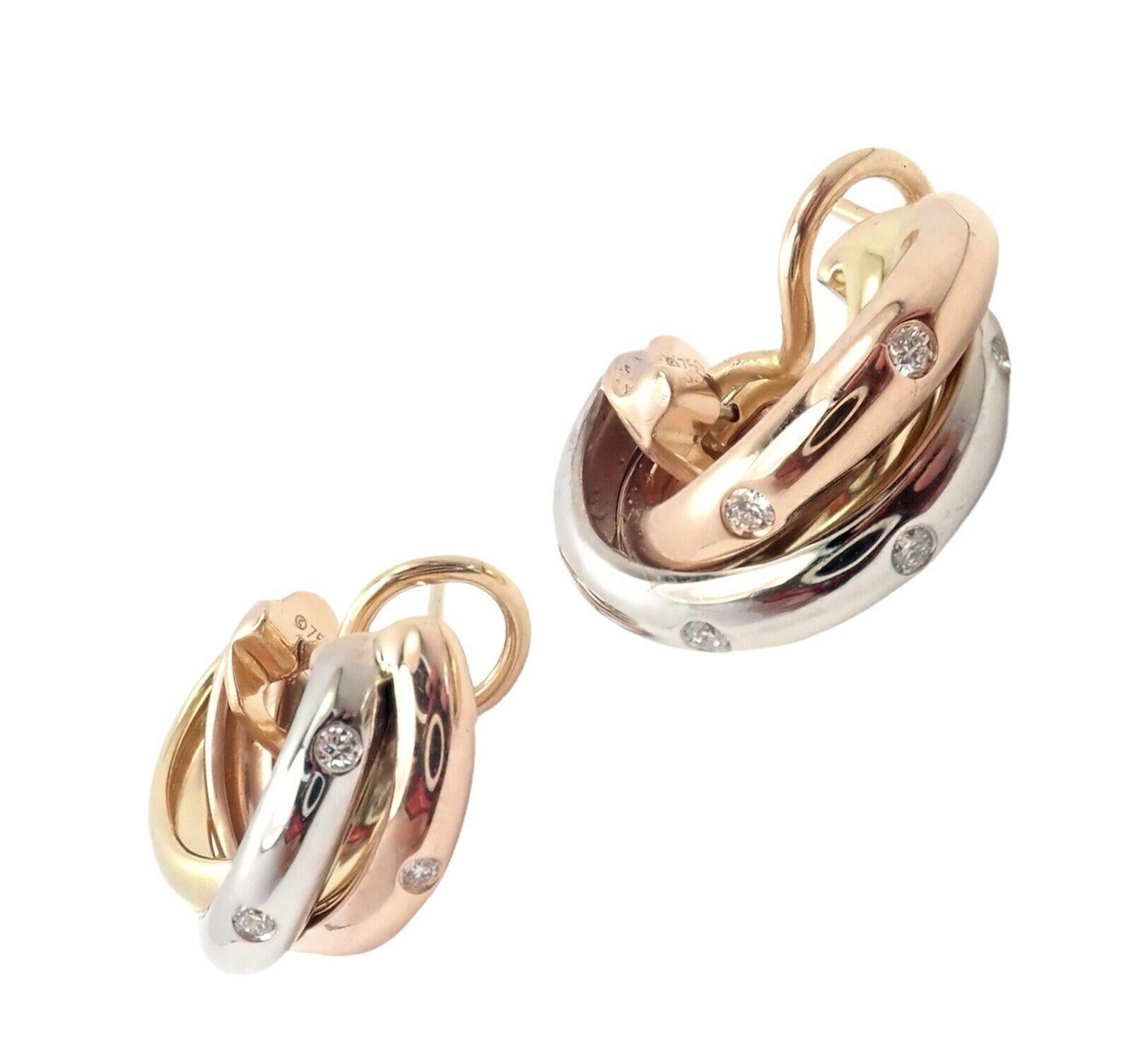 Brilliant Cut Cartier Trinity Diamond Hoop Tri-Color Gold Earrings