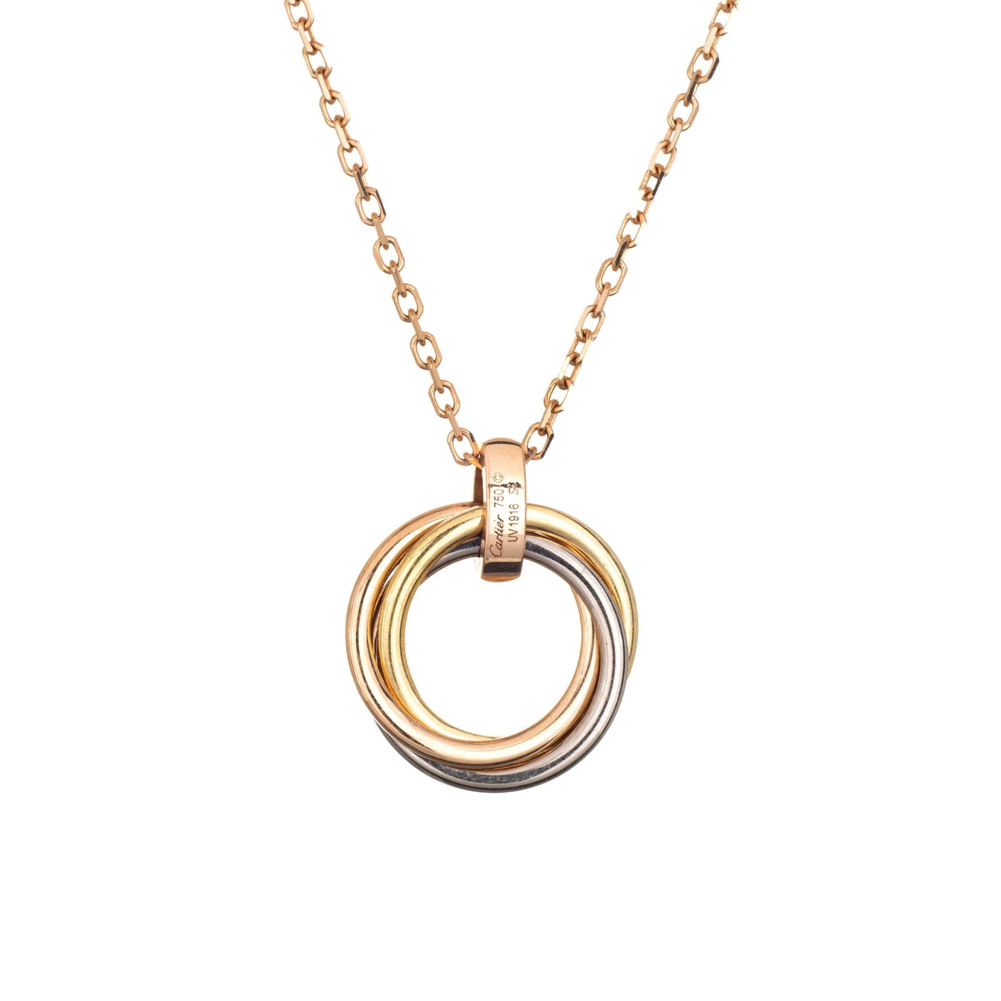 Pre-owned Cartier Trinity necklace crafted in 18k yellow, white & rose gold.  

The Cartier necklace features bands of 18k rose, yellow & white gold with a diamond set bale. Each band measures 1.8mm wide. The necklace is great worn alone or layered
