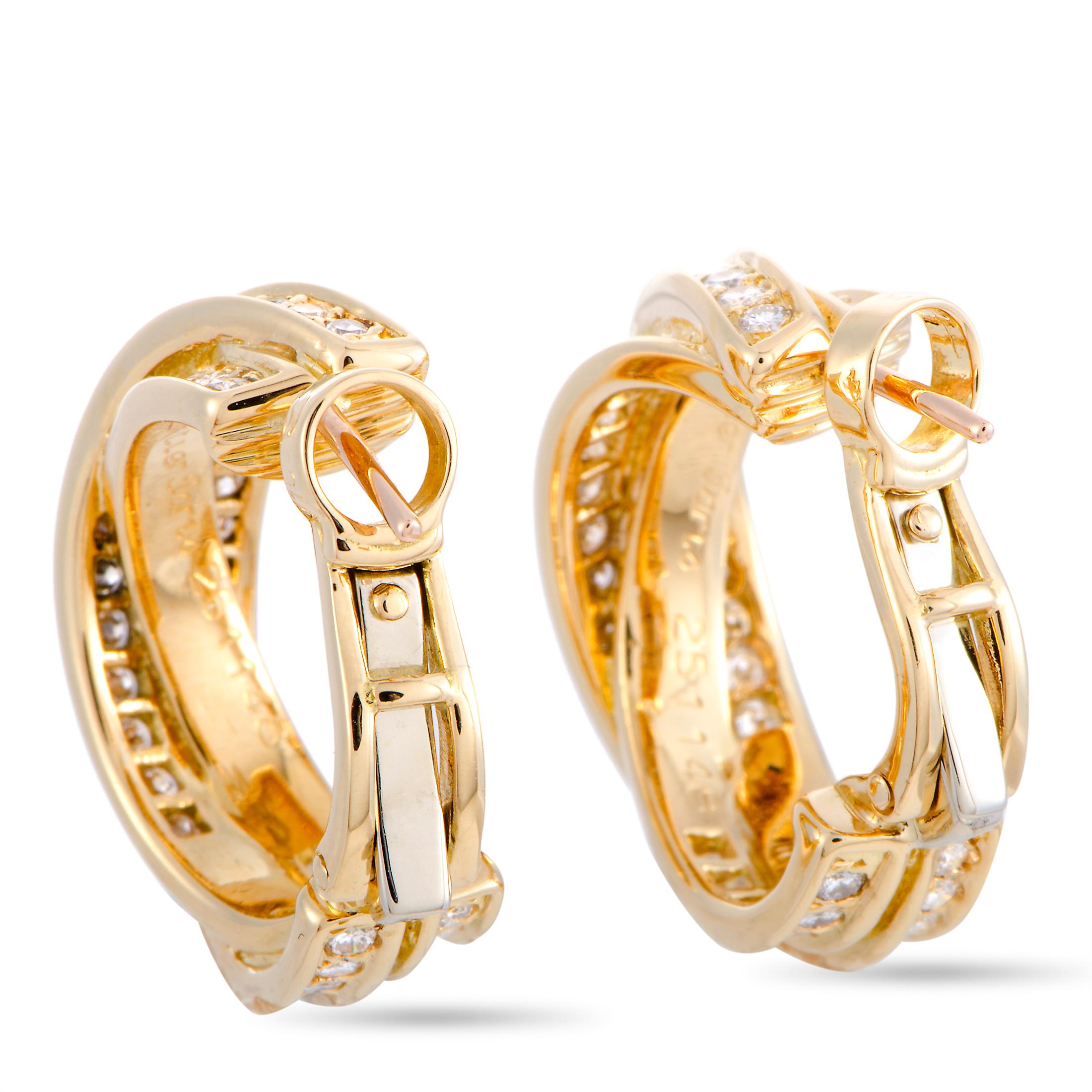 Cartier Trinity Diamond Pave Crisscross Yellow Gold Huggie Omega Back Earrings In Excellent Condition In Southampton, PA