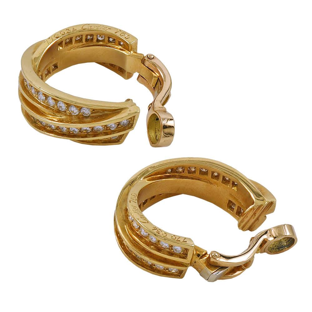 Round Cut Cartier Trinity Diamond Pave Crisscross Yellow Gold Huggie Omega Back Earrings
