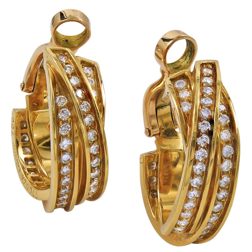 Cartier Trinity Diamond Pave Crisscross Yellow Gold Huggie Omega Back Earrings In Excellent Condition In New York, NY