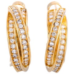 Cartier Trinity Diamond Pave Crisscross Yellow Gold Huggie Omega Back Earrings