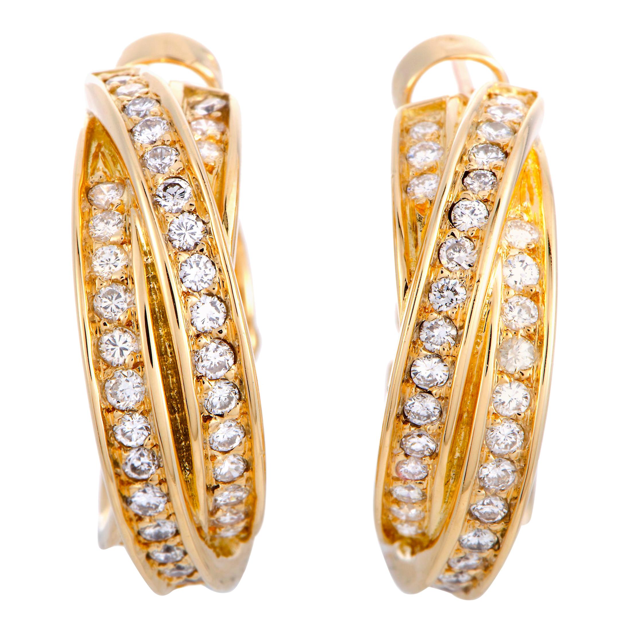 Cartier Trinity Diamond Pave Crisscross Yellow Gold Huggie Omega Back Earrings