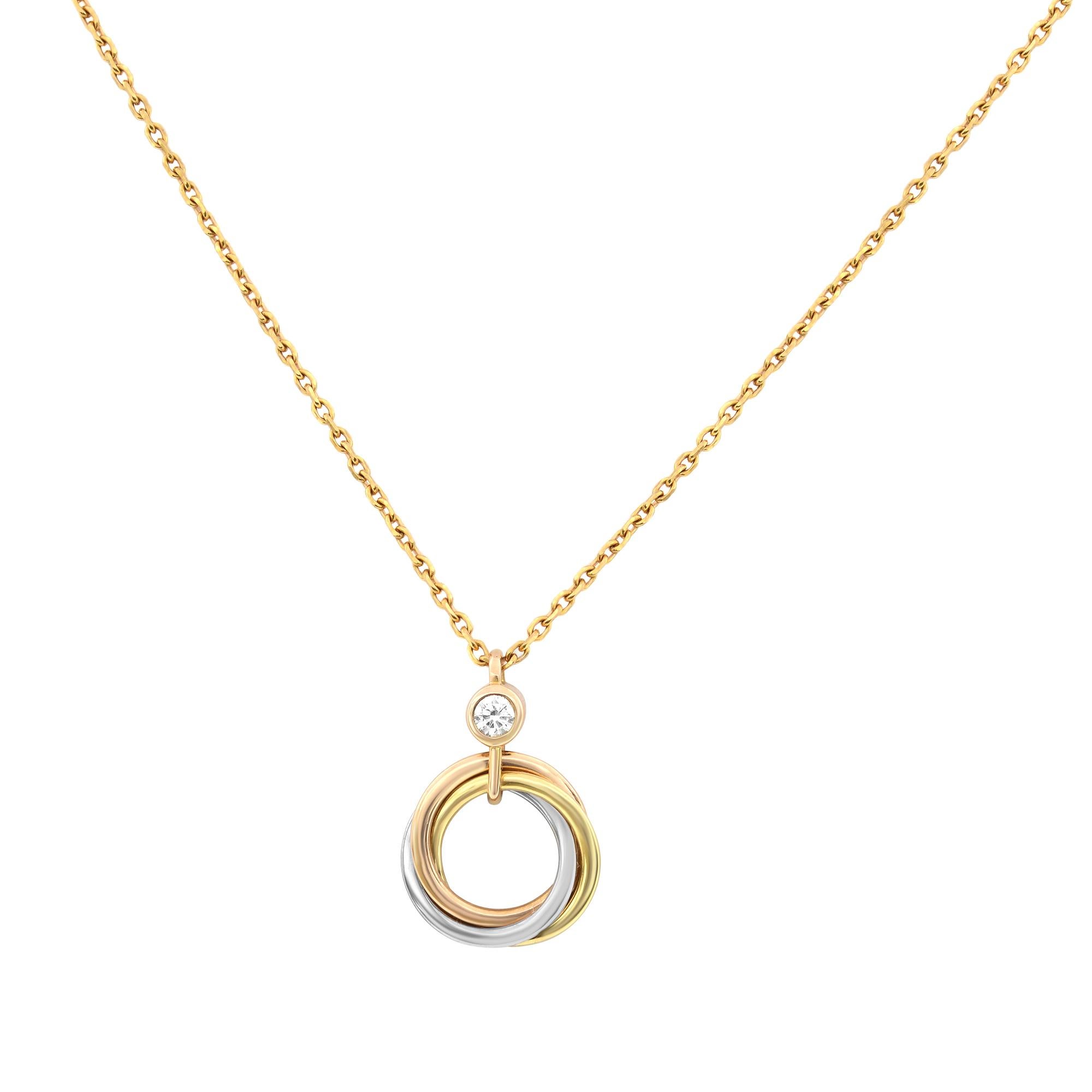 Round Cut Cartier Trinity Diamond Pendant Necklace 18K Tricolor Gold 0.04cttw