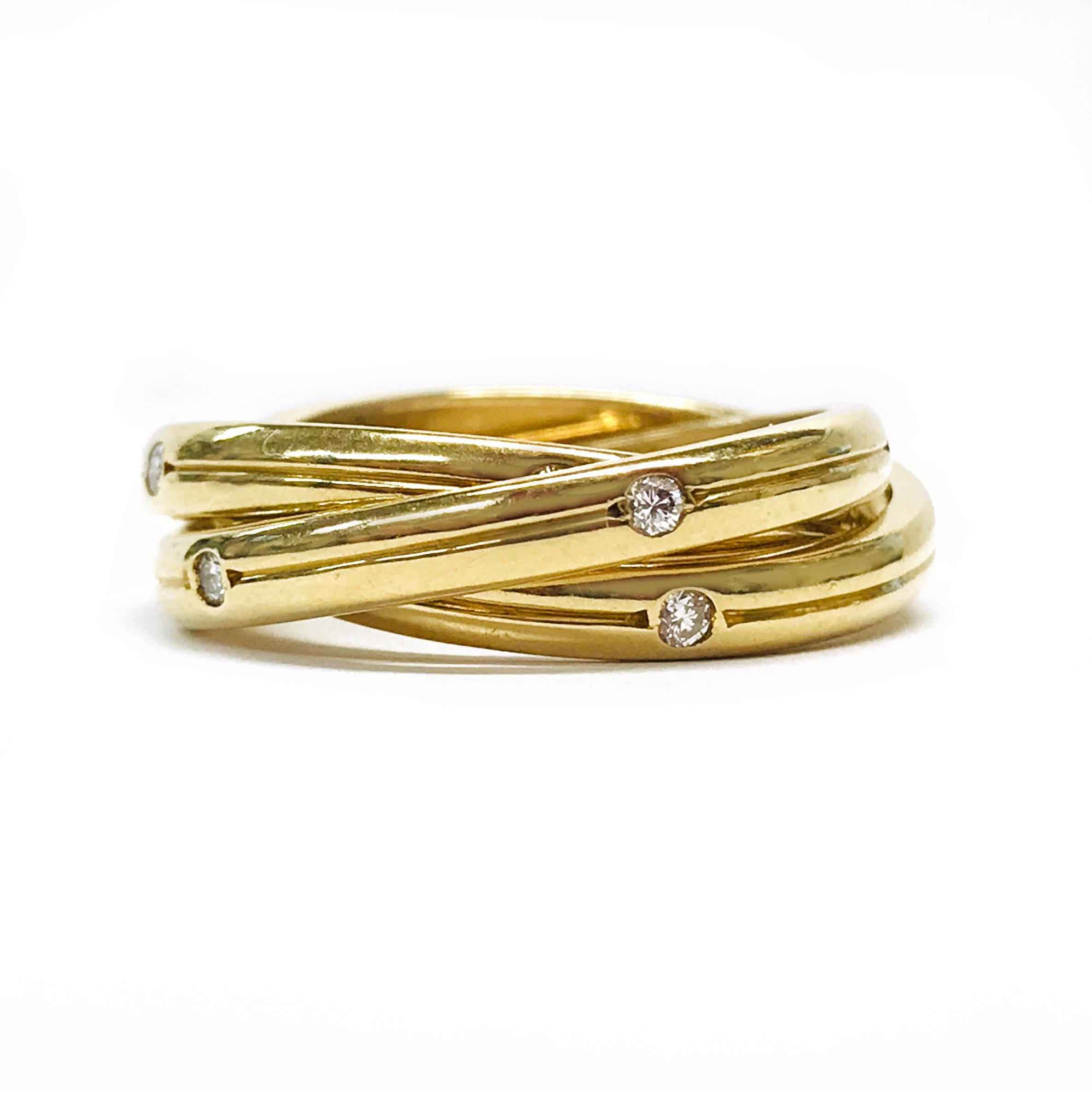 Cartier Trinity Diamond 18k Gold Band Ring. This design is from the Trinity Collection, a signature design of the Cartier Maison. A triple band of interlaced rings each with five brilliant-cut diamonds for an approximate total carat weight of