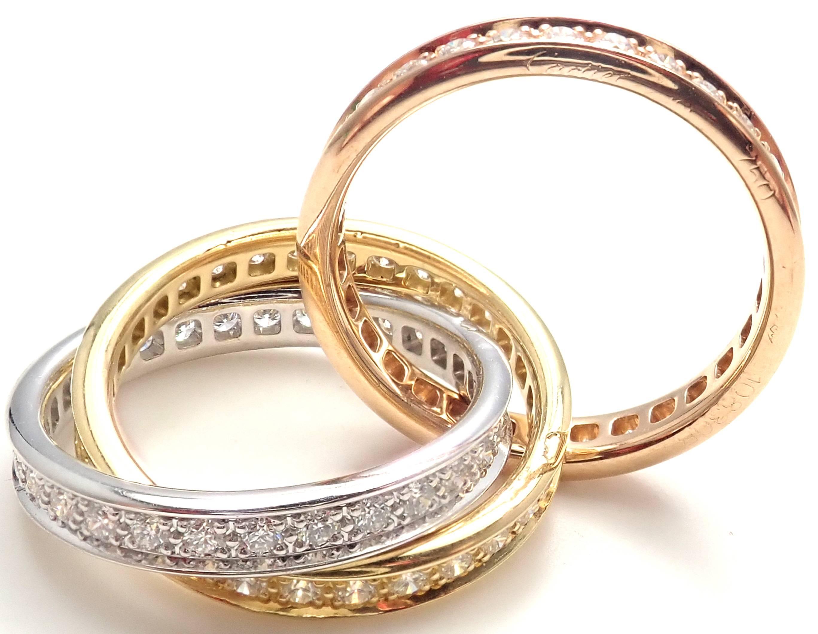 Cartier Trinity Diamond Tri-Color Gold Band Ring 7
