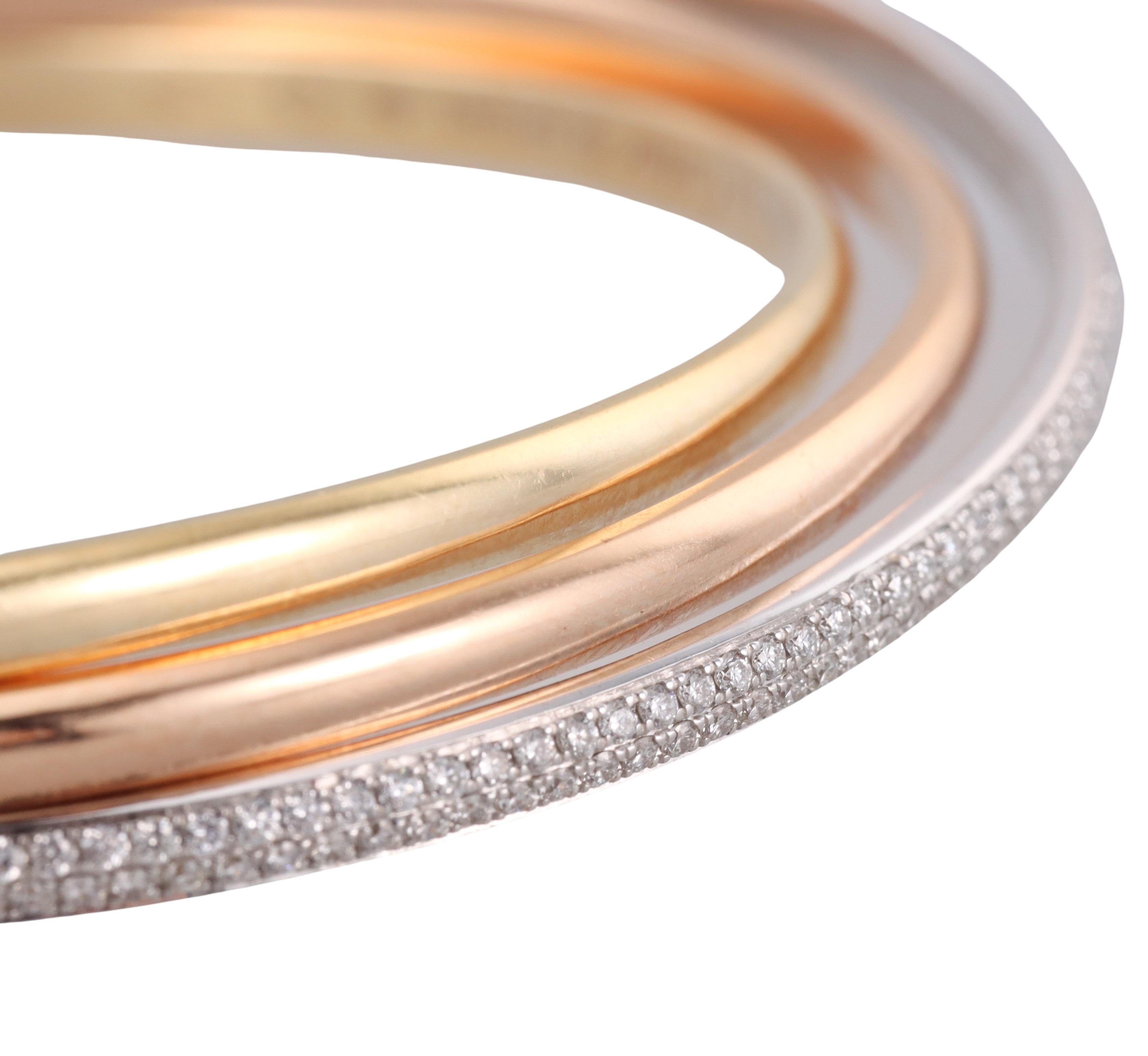Women's Cartier Trinity Diamond Tri Color Gold Bangle Bracelet For Sale