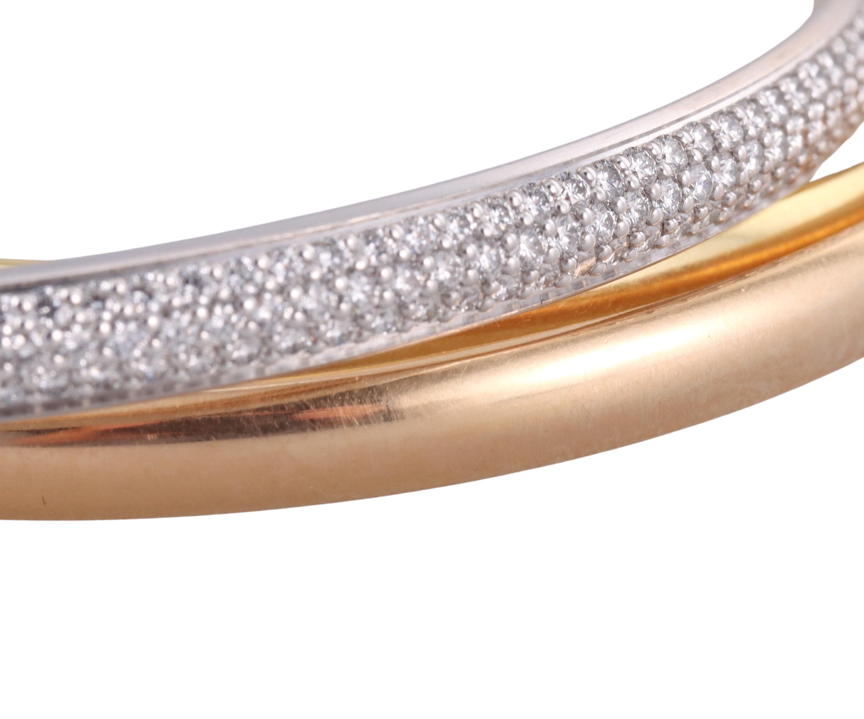 Round Cut Cartier Trinity Diamond Tri Color Gold Classic Model Bangle Bracelet For Sale