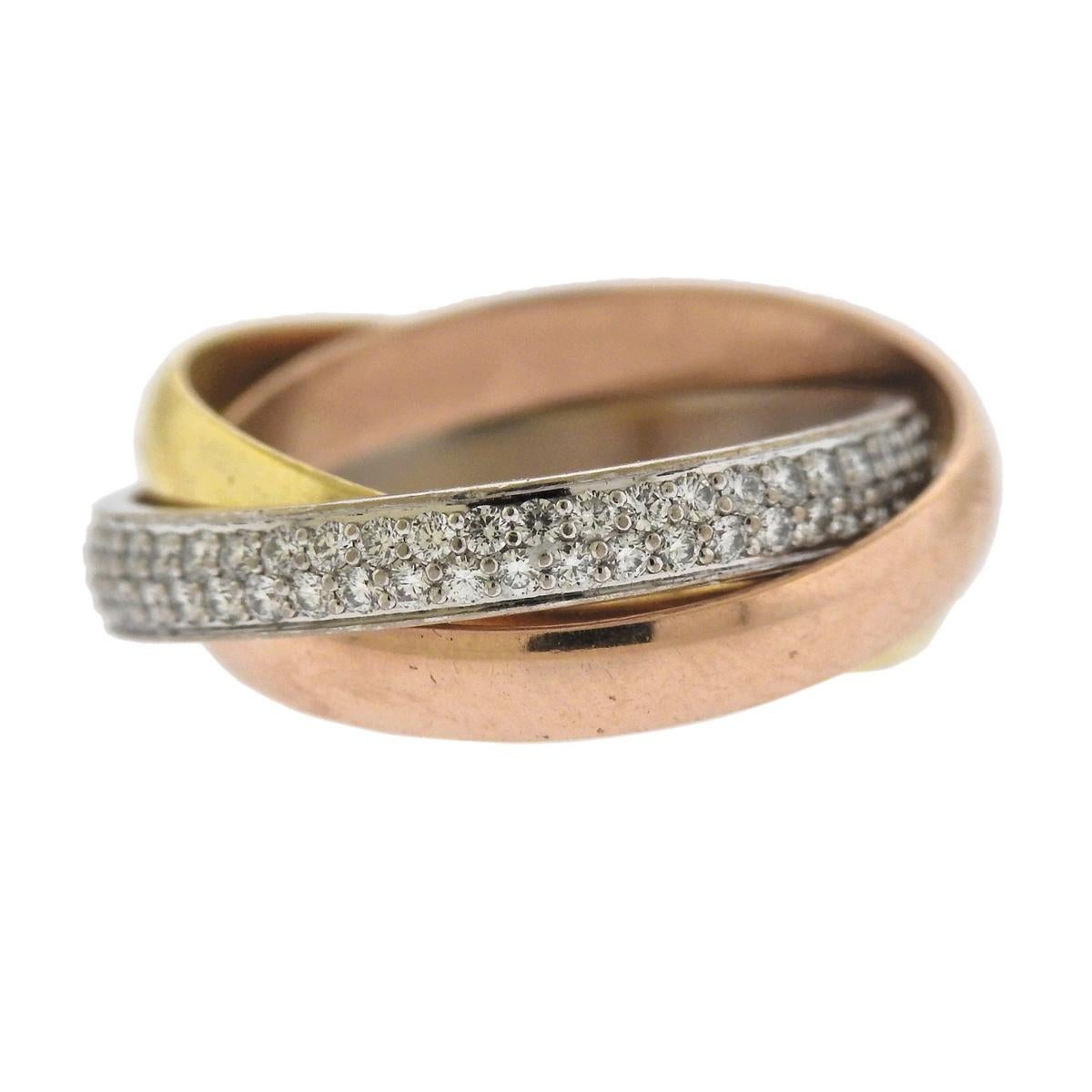 Cartier Trinity Diamond Tri Color Gold Rolling Band Ring
