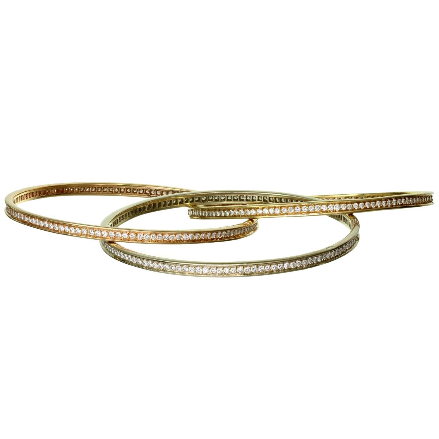 CARTIER Trinity Diamond Tri-Gold Bangle Bracelet In Excellent Condition In New York, NY