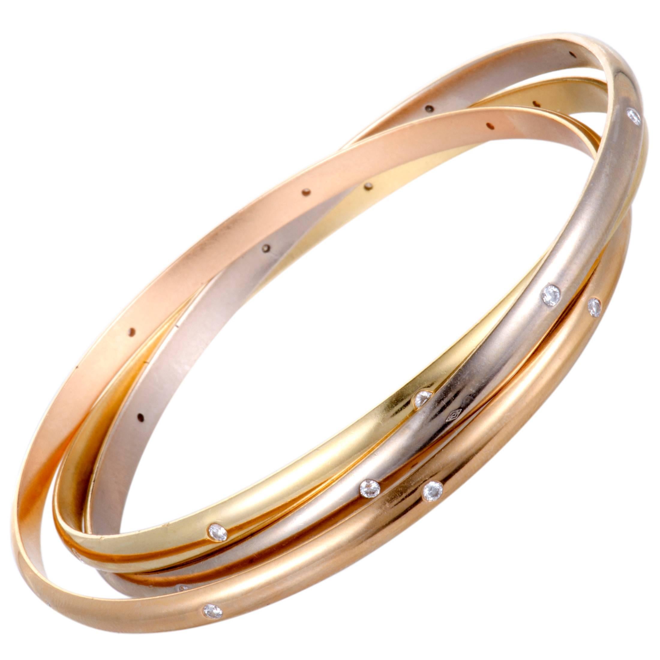 Cartier Trinity Diamond White Yellow and Rose Gold Rolling Bangle Bracelet