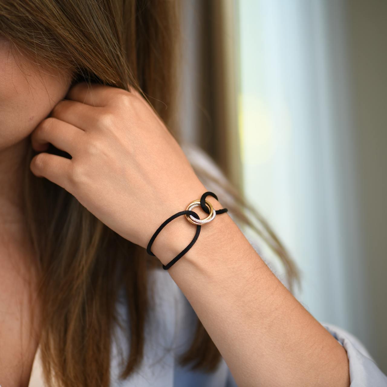 Brilliant Cut Cartier Trinity Diamond Yellow White and Rose Gold Black Cord Bracelet