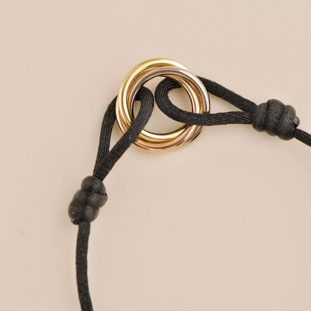 Women's or Men's Cartier Trinity Diamond Yellow White and Rose Gold Black Cord Bracelet