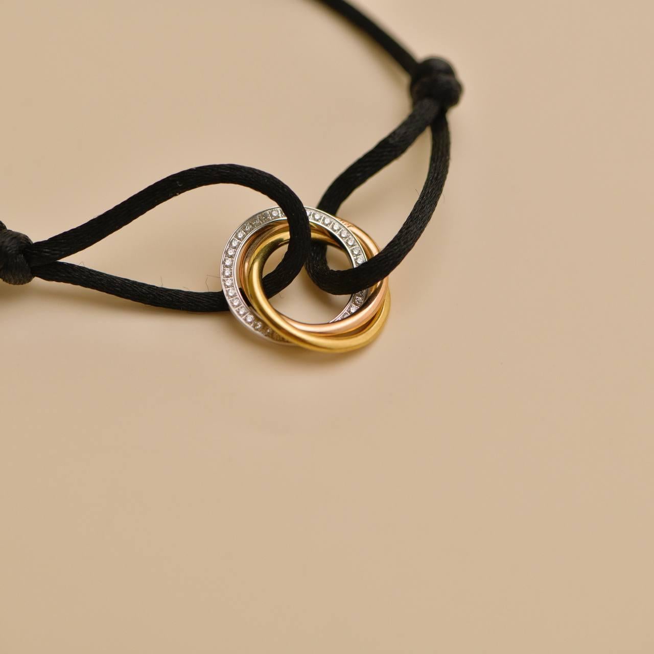 Women's or Men's Cartier Trinity Diamond Yellow White and Rose Gold Black Cord Bracelet