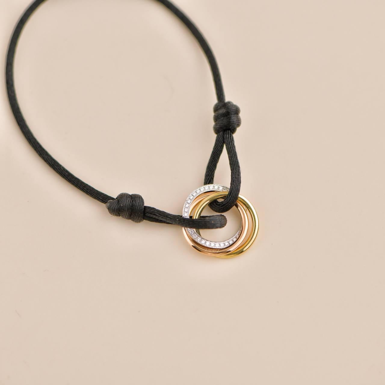 Cartier Trinity Diamond Yellow White and Rose Gold Black Cord Bracelet 1