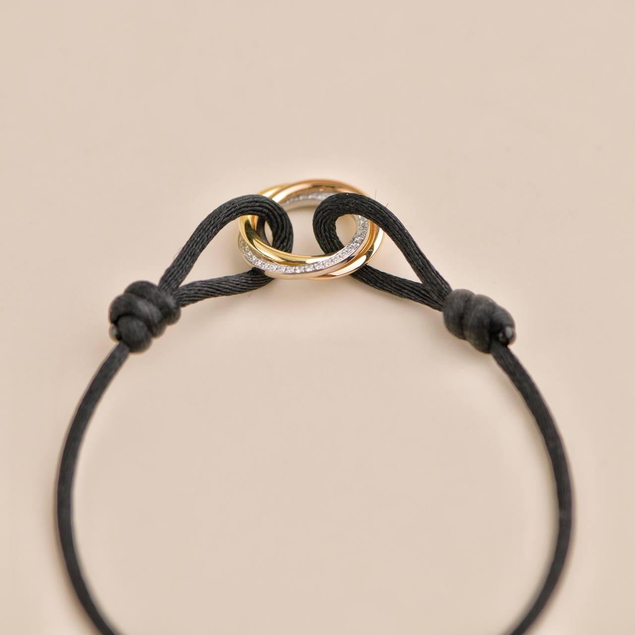 Cartier Trinity Diamond Yellow White and Rose Gold Black Cord Bracelet 2